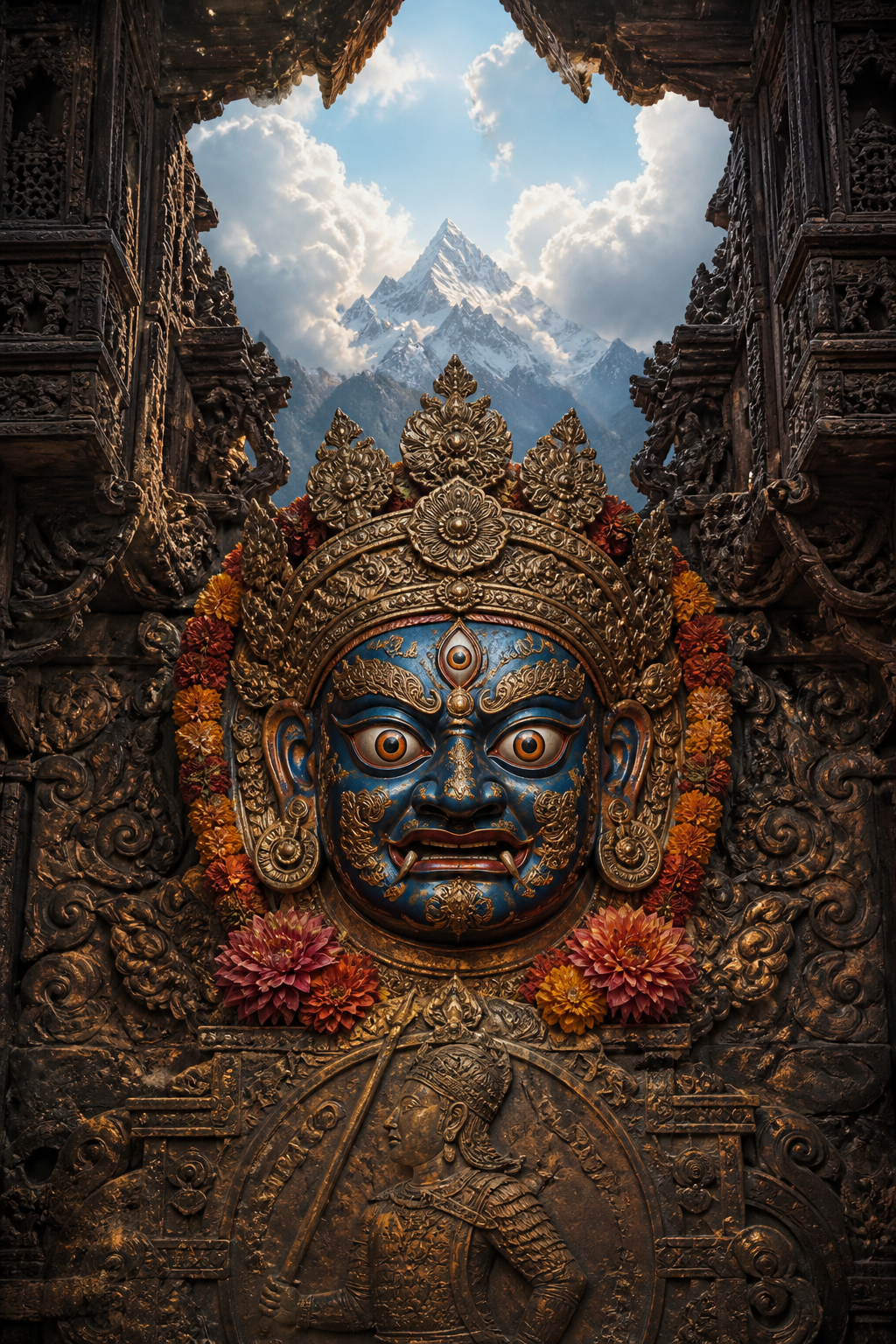 Symbolic illustration of a blue Bhairav mask beneath an open sky, with the subtle bronze silhouette of an ancient warrior king below.