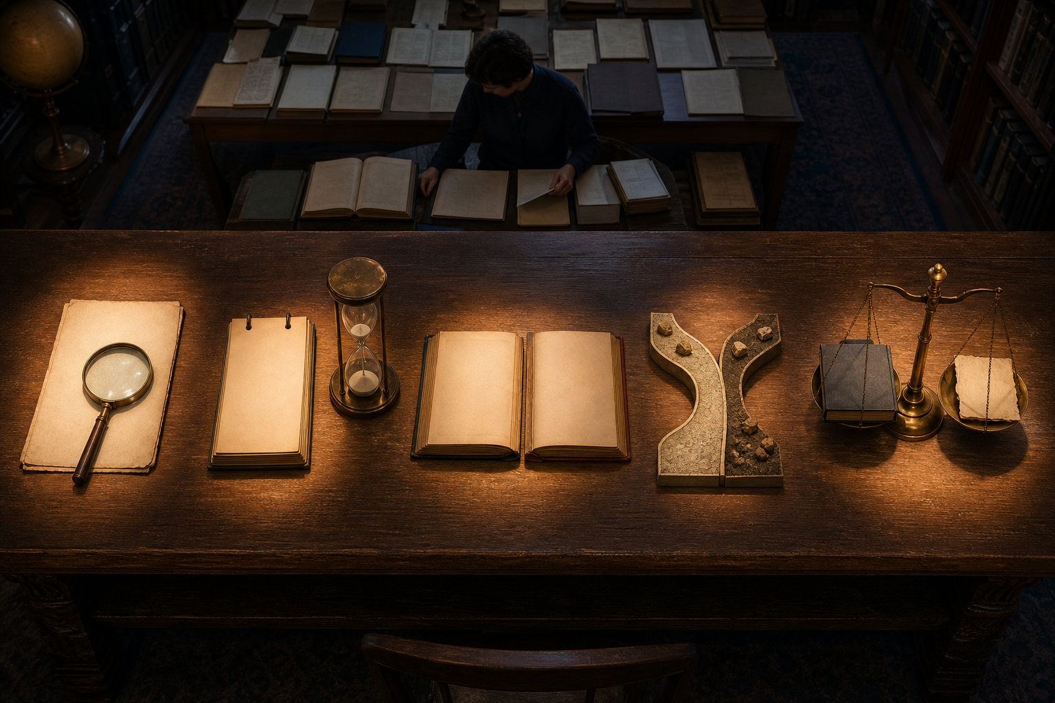 Research table with five evidence-checking stations: a magnifying glass, an hourglass, paired books, branching paths, and a balance scale comparing a complete volume with a torn page.