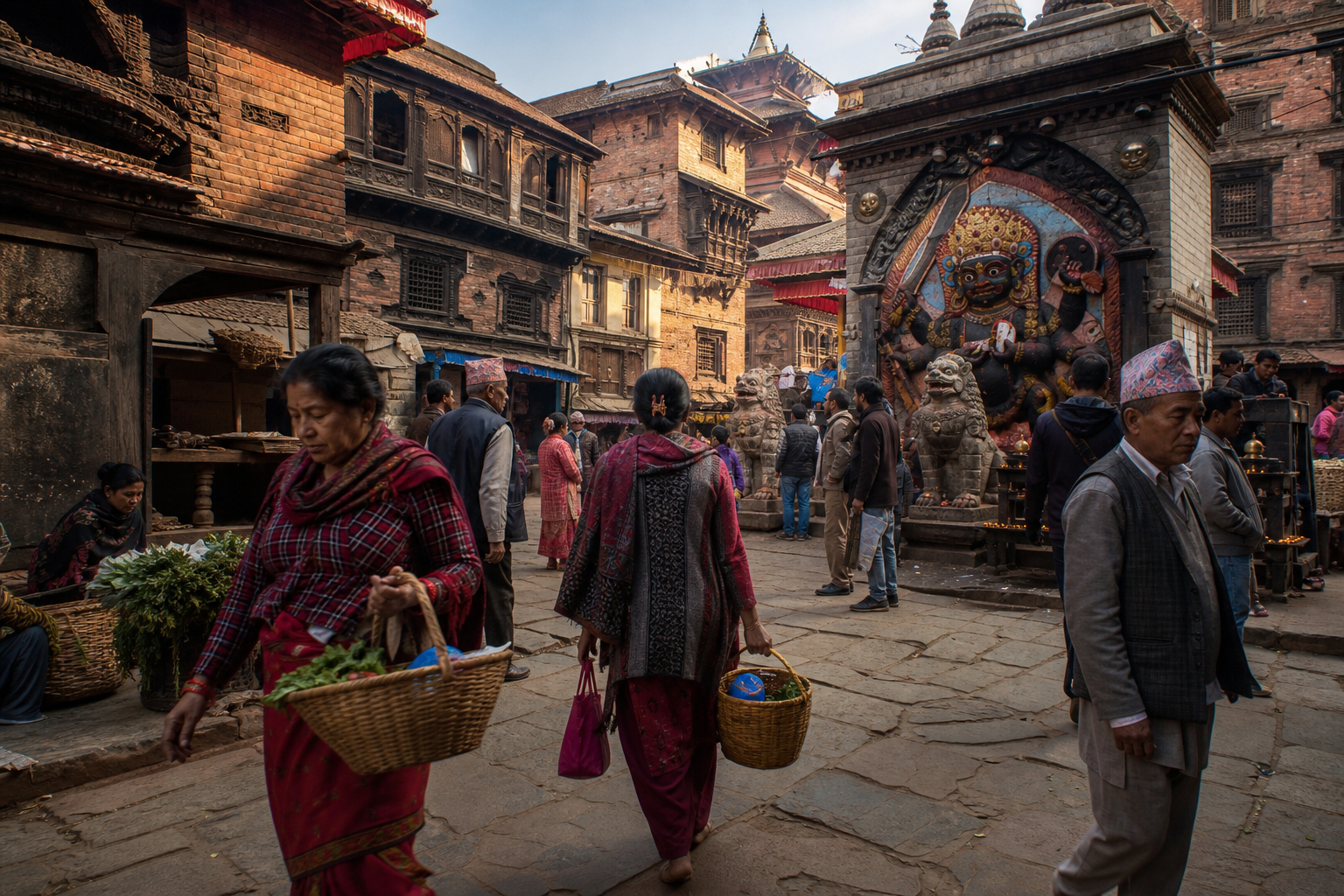 Pedestrians, vendors and devotees moving through Indra Chowk near the entrance to the Akash Bhairav temple.