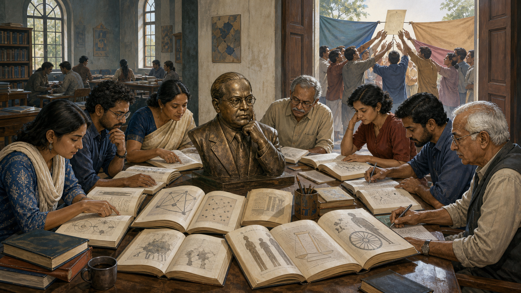 Readers examine many open books around a contemplative sculpture of Ambedkar while anonymous groups outside the library reach toward a single loose page.