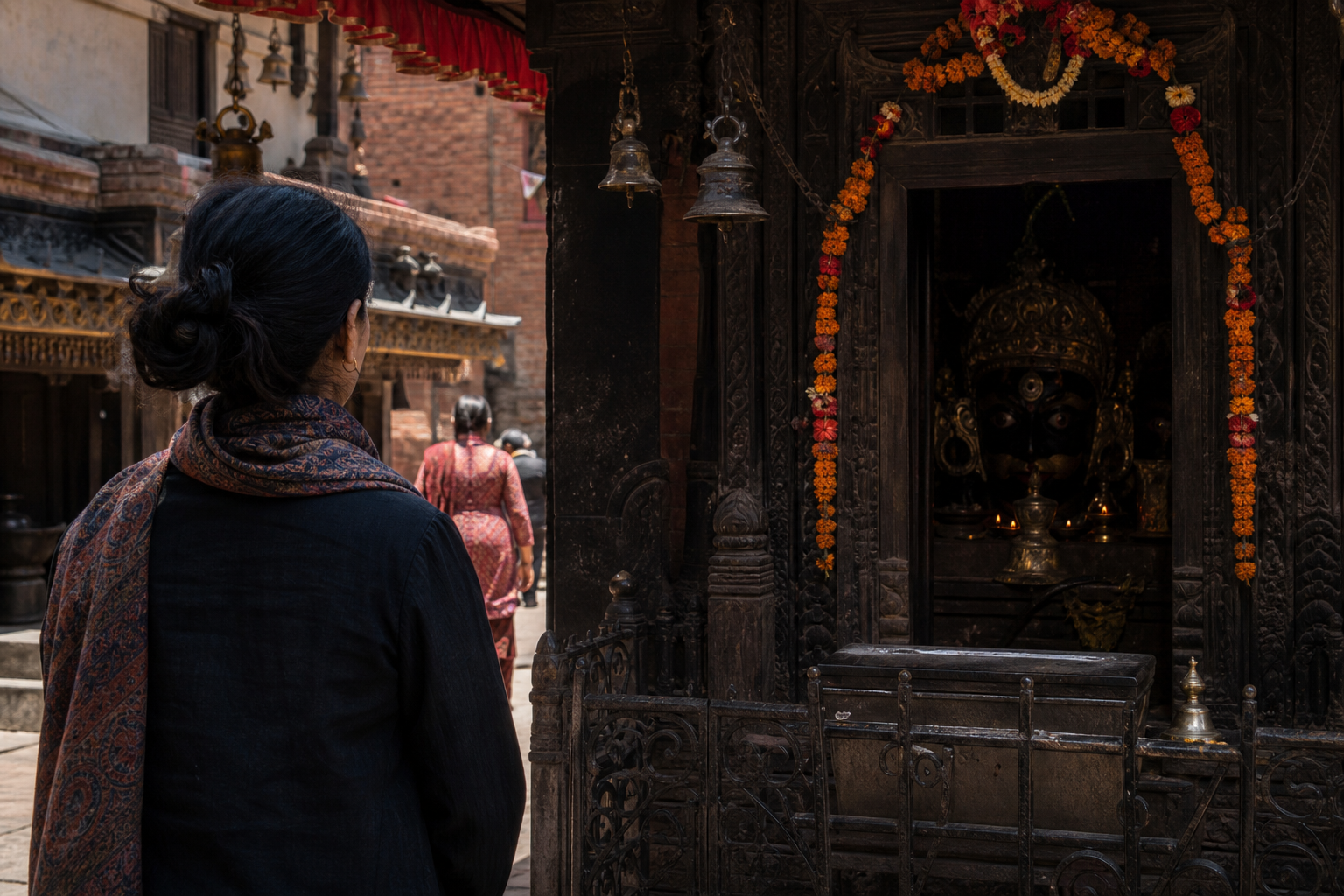 An anonymous visitor quietly observing the flower-framed Akash Bhairav shrine while local devotees pass nearby.
