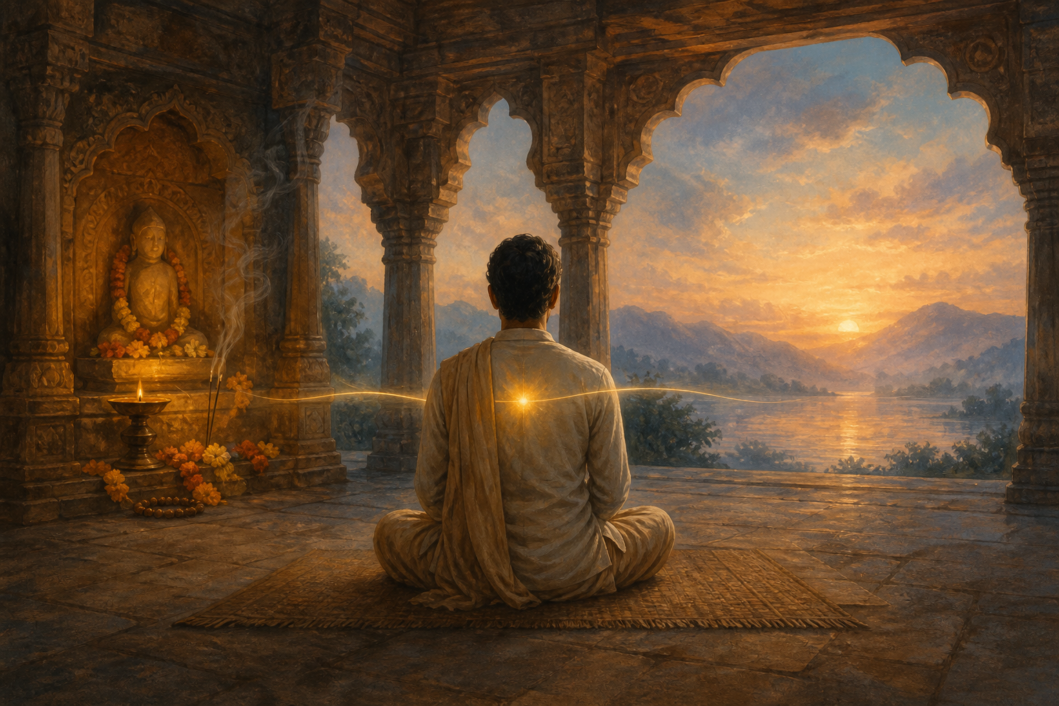 A seated practitioner meditates between a lamp-lit shrine with a sacred murti and an open view of misty mountains, water, and dawn sky.
