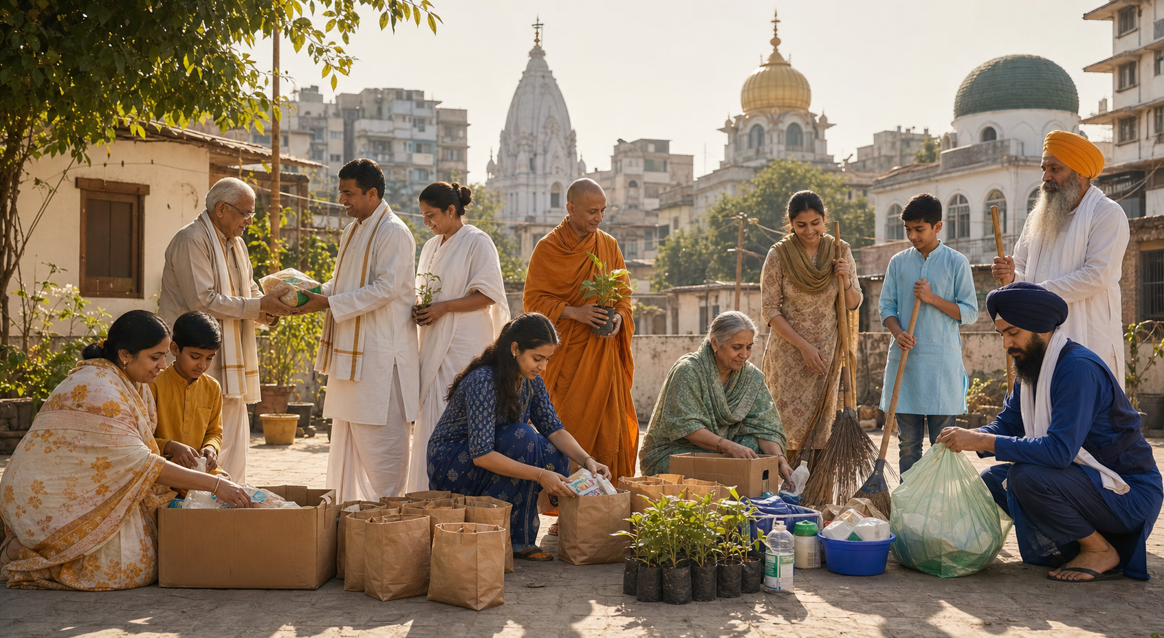 Members of several Dharmic communities prepare food parcels, saplings, and cleaning supplies together in a neighborhood courtyard.