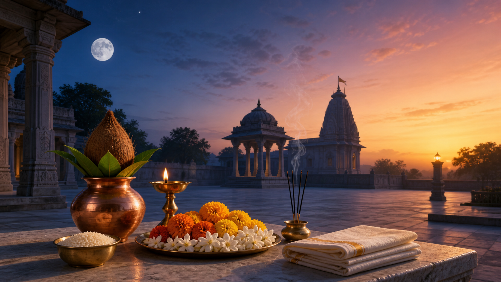 A nearly full moon above a temple courtyard at dawn, with a brass lamp, copper kalash, rice, and flowers arranged for puja.