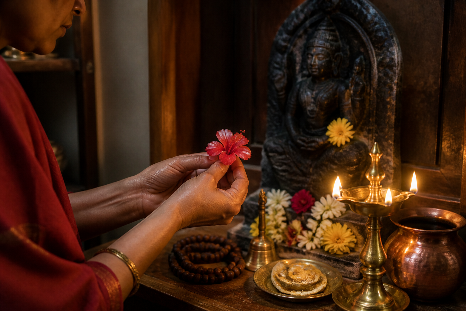 A worshipper offers a flower before a stone murti beside a lit brass lamp, prayer beads, a bell, and a copper vessel.