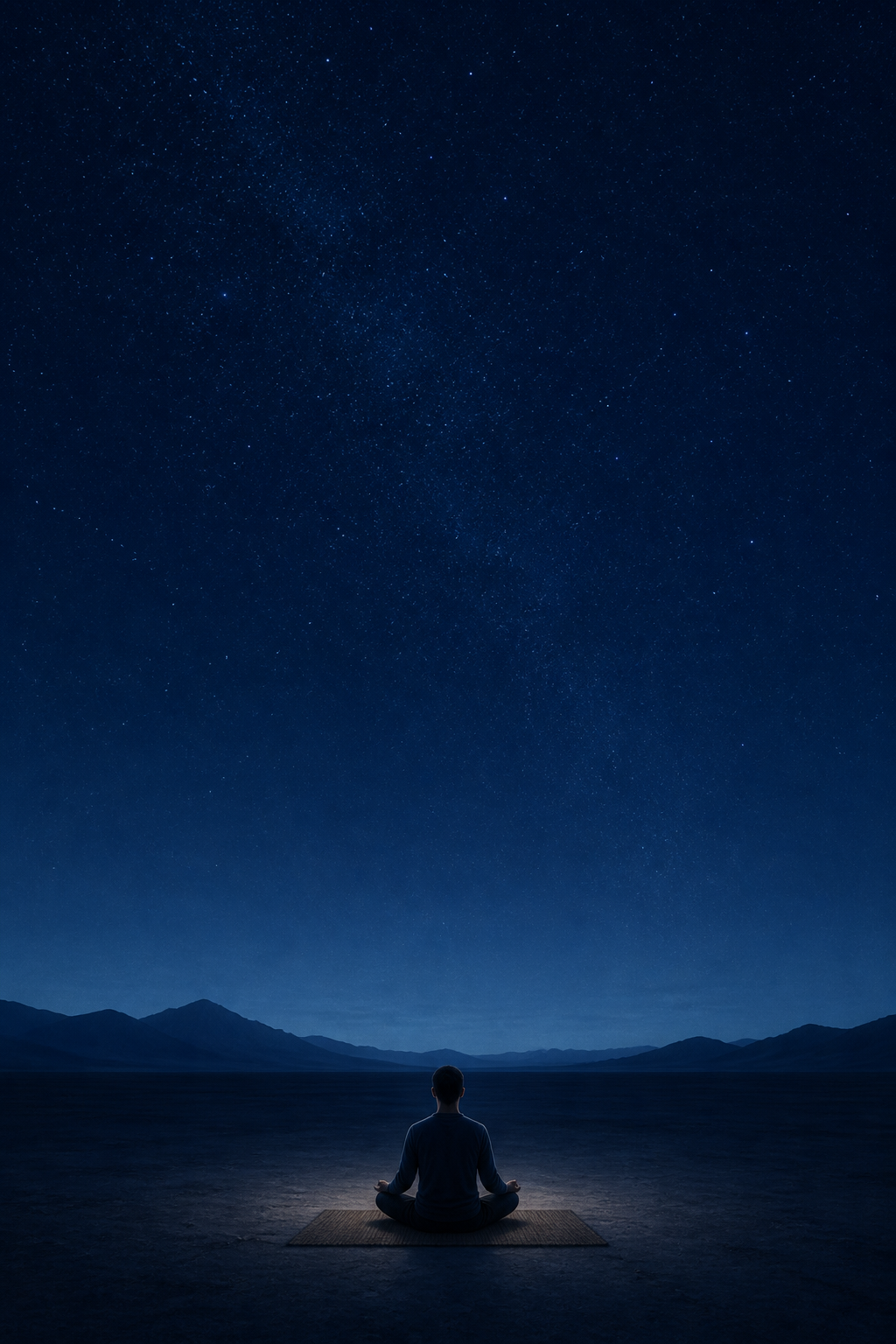 A solitary meditator sits on a woven mat beneath a vast starry sky with distant mountains and no ritual objects nearby.