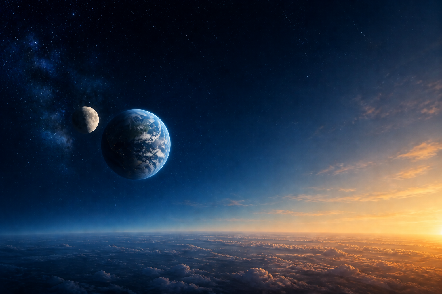 An illustration of Earth, the moon just past full alignment, and sunlight against a sky transitioning from predawn blue to morning gold.