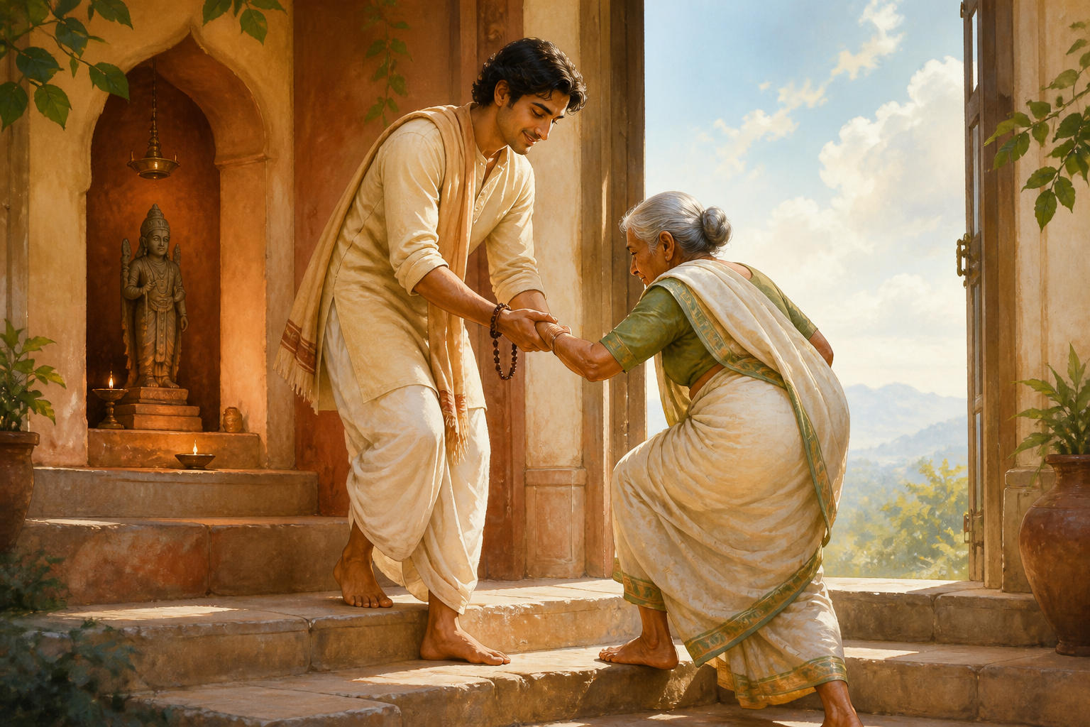 A practitioner wearing prayer beads helps an elderly person up a stone step near a prayer alcove that opens toward a bright sky.