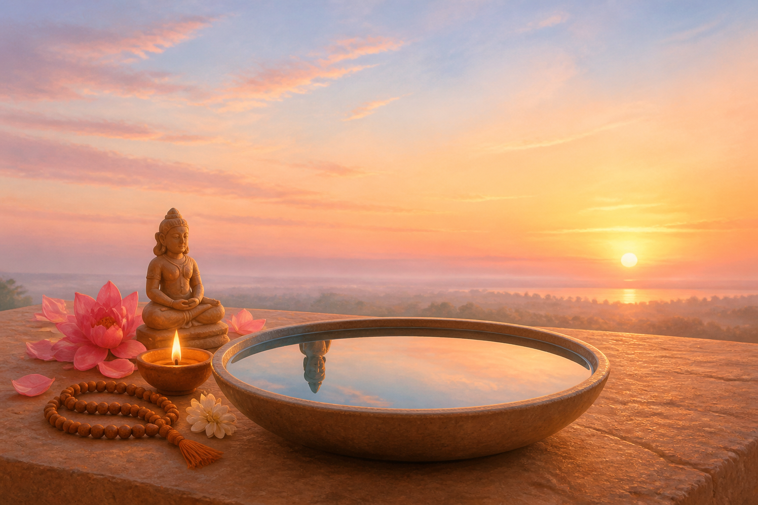 A sacred murti, clay lamp, flowers, and prayer beads share a stone ledge with a water bowl reflecting both the shrine objects and the open dawn sky.