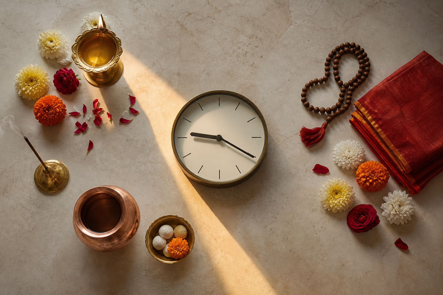 Puja items arranged beside a numeral-free analog clock showing about twenty past nine, with morning sunlight dividing the setting.