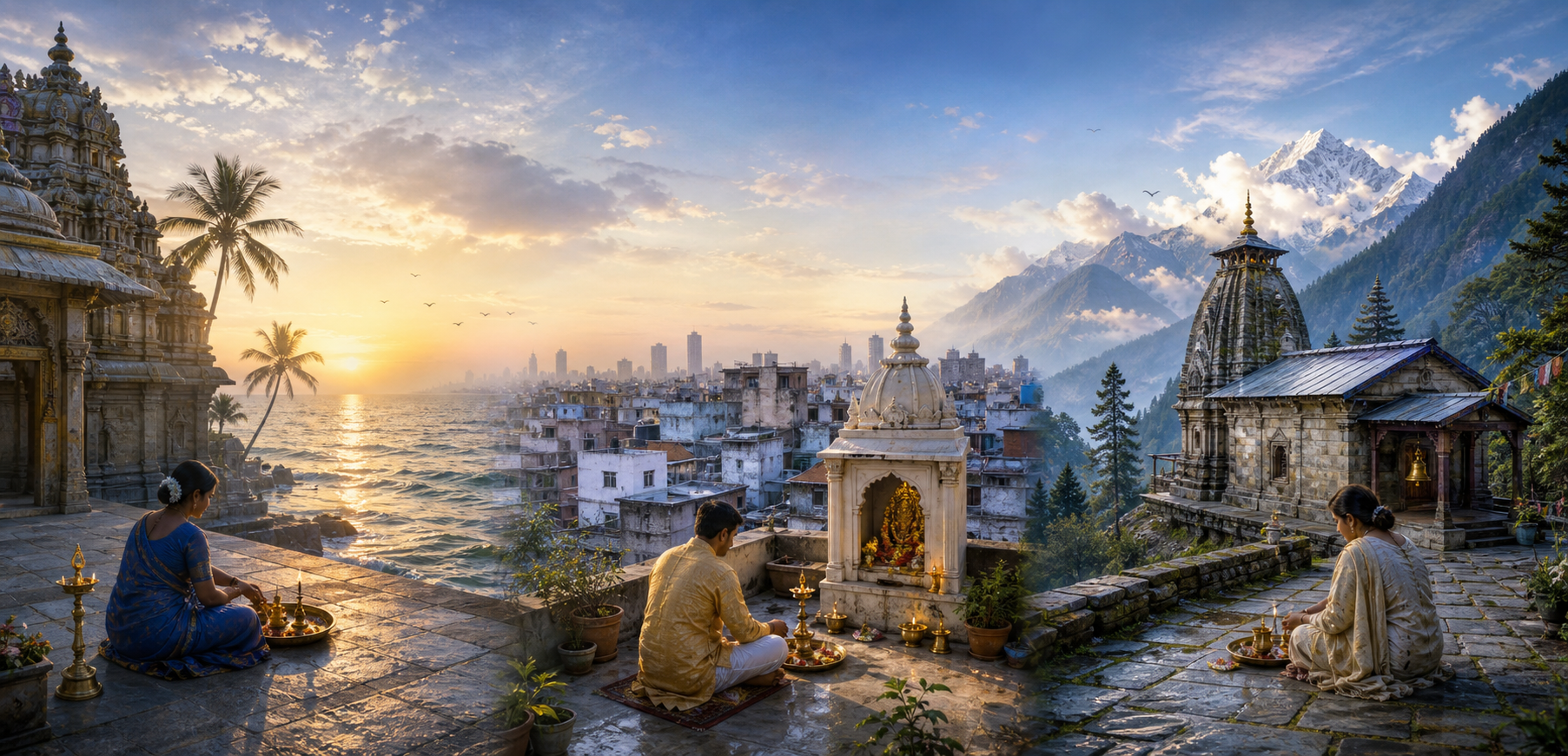 A coastal temple, an urban rooftop shrine, and a Himalayan foothill temple shown under different morning light, with worshippers preparing puja trays.