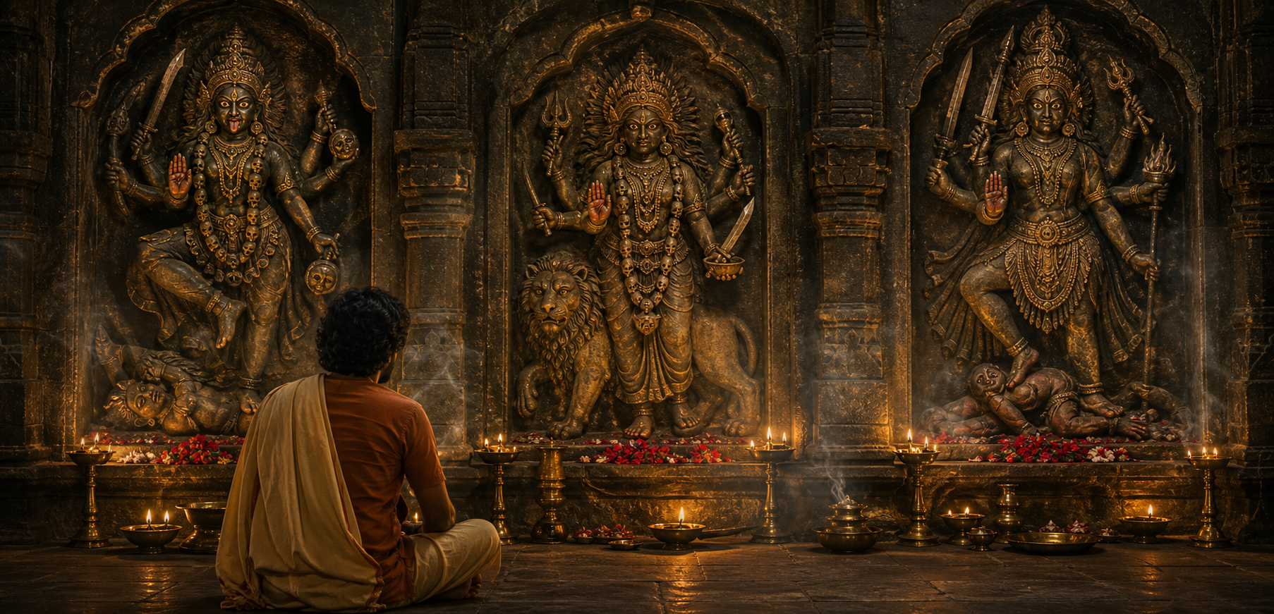 A seated devotee studies three separate fierce goddess reliefs illuminated by oil lamps in a stone temple hall.