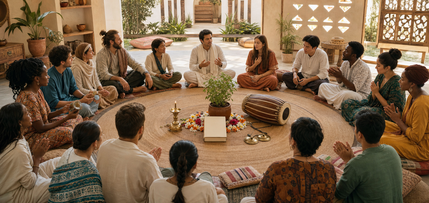People from varied cultural backgrounds gather around a tulasi plant, devotional lamp, scripture, and kirtan instruments in a shared study circle.