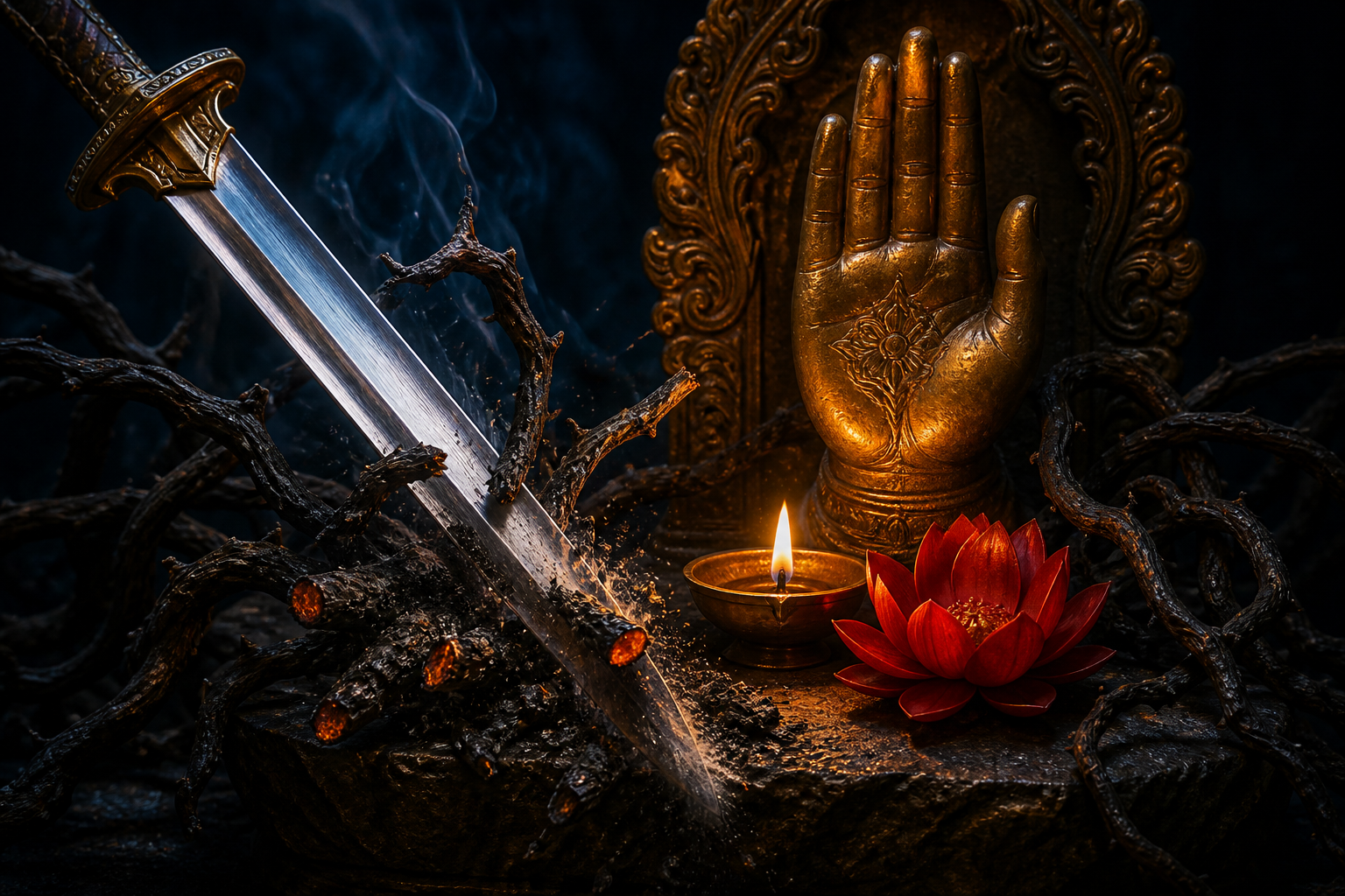 A ritual sword cuts black vines beside a red lotus, an oil lamp, and a bronze hand raised in a protective gesture.