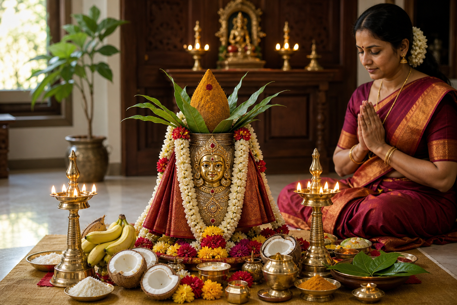 A woman prays beside a decorated Varalakshmi kalash, glowing brass lamps, flowers, fruit, and puja offerings in a home shrine.