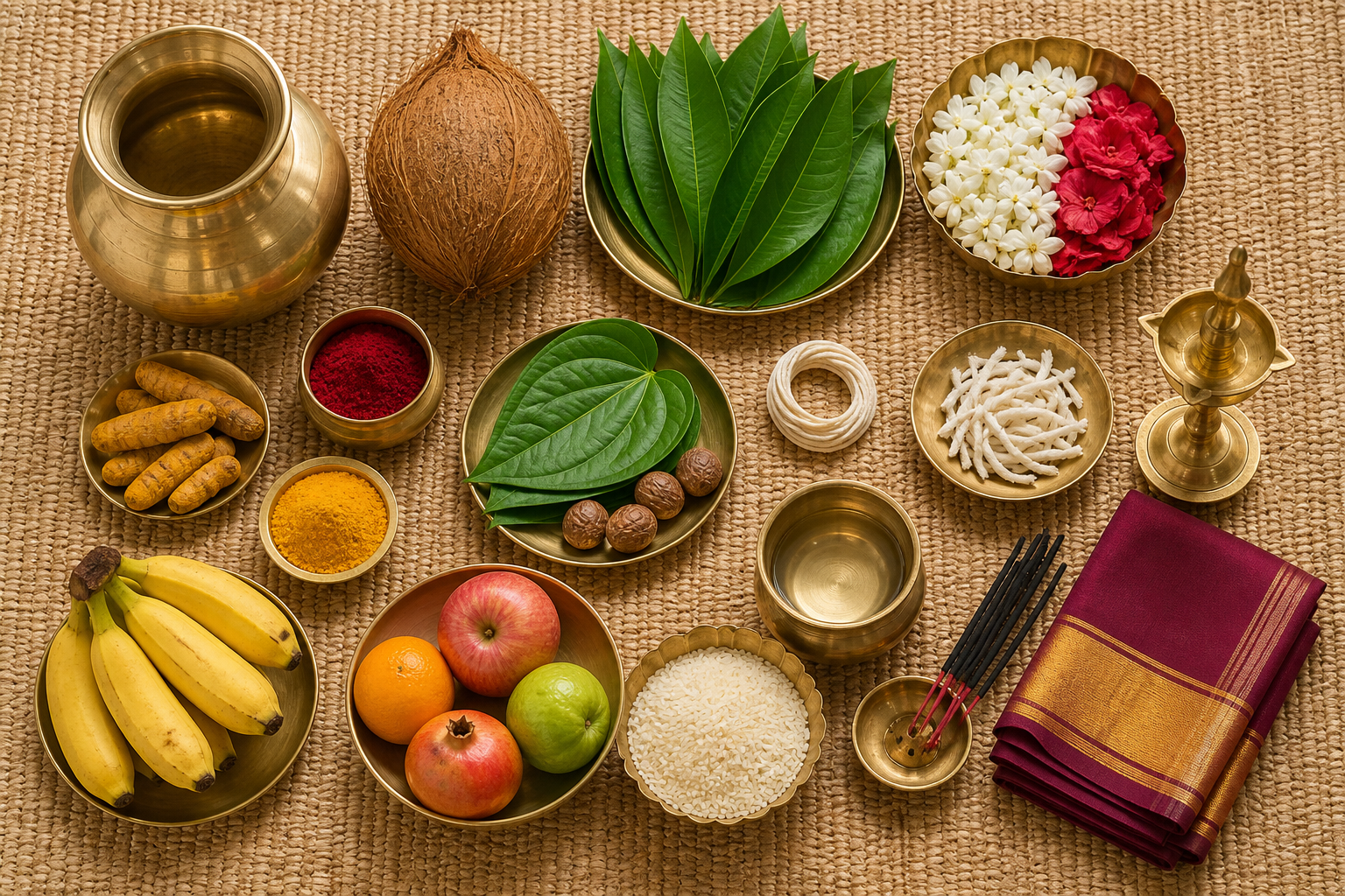 Overhead arrangement of a brass kalash, coconut, mango leaves, flowers, lamps, fruit, turmeric, kumkum, betel leaves, sacred thread, and other puja supplies.