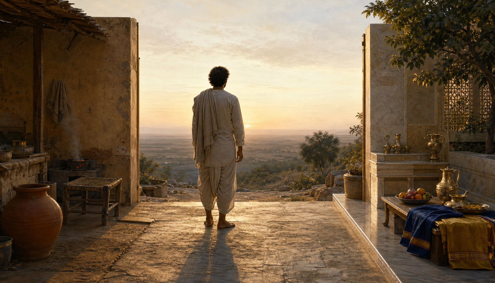 A simply dressed person stands between a modest courtyard and a prosperous courtyard, looking toward the open horizon at dawn.