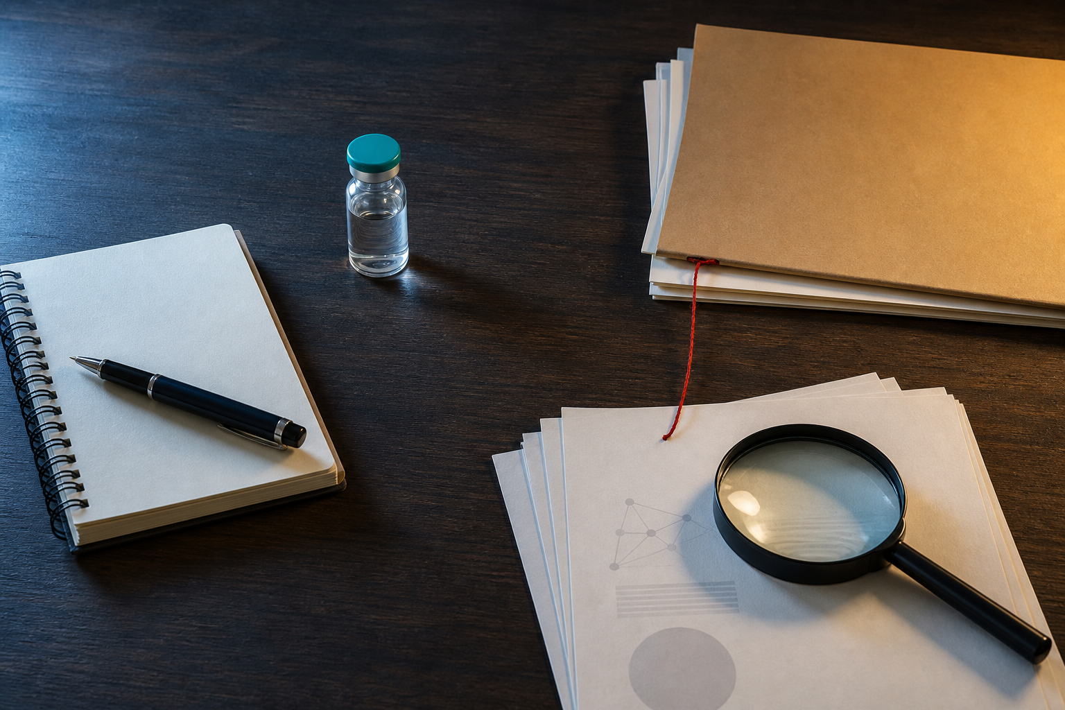 An unbranded vaccine vial, notebook, magnifying glass, research papers, and grant folder arranged on an investigation desk with a red thread between the documents.