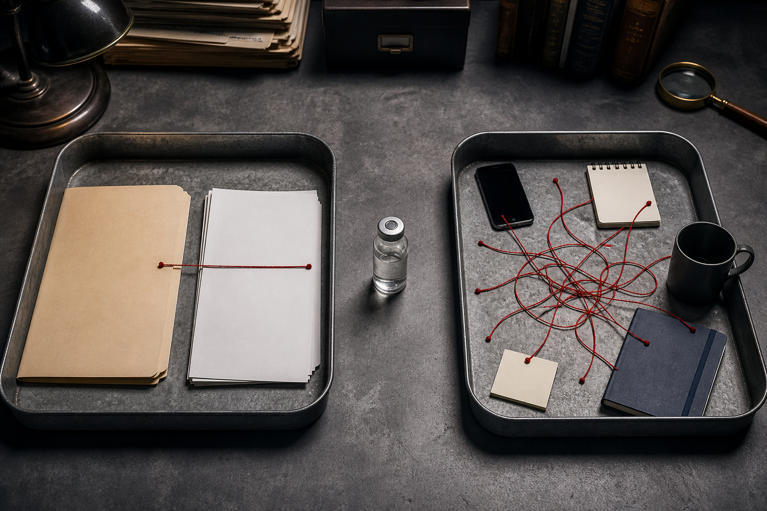 Two evidence trays contrast one clear thread between a grant folder and publication dossier with many loose threads around an unbranded vaccine vial.