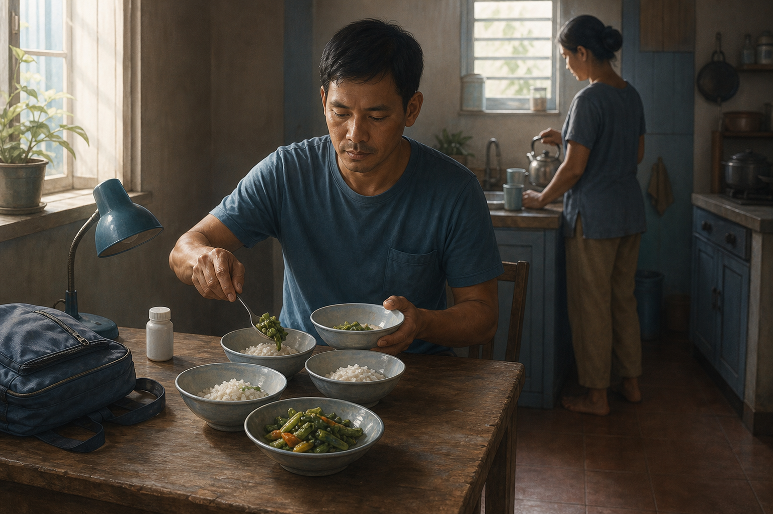 An adult portions a limited supply of rice and vegetables at a kitchen table while another family member prepares water nearby.