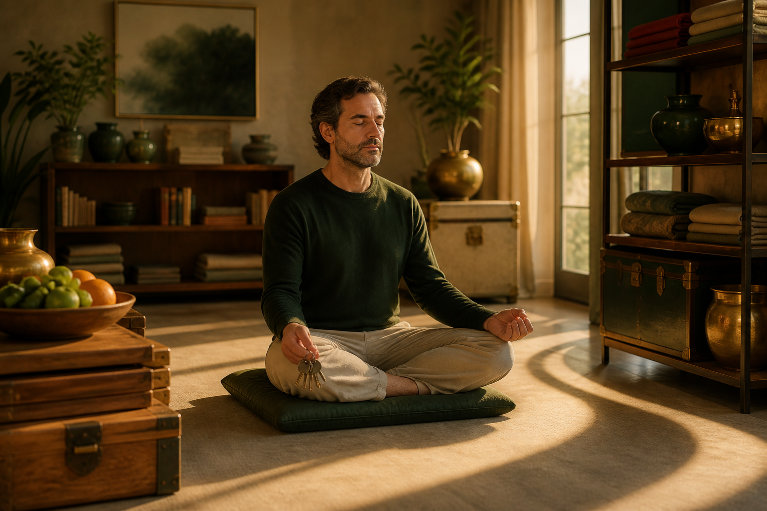 A person meditates in a comfortable, orderly room while holding a ring of keys in one clenched hand.