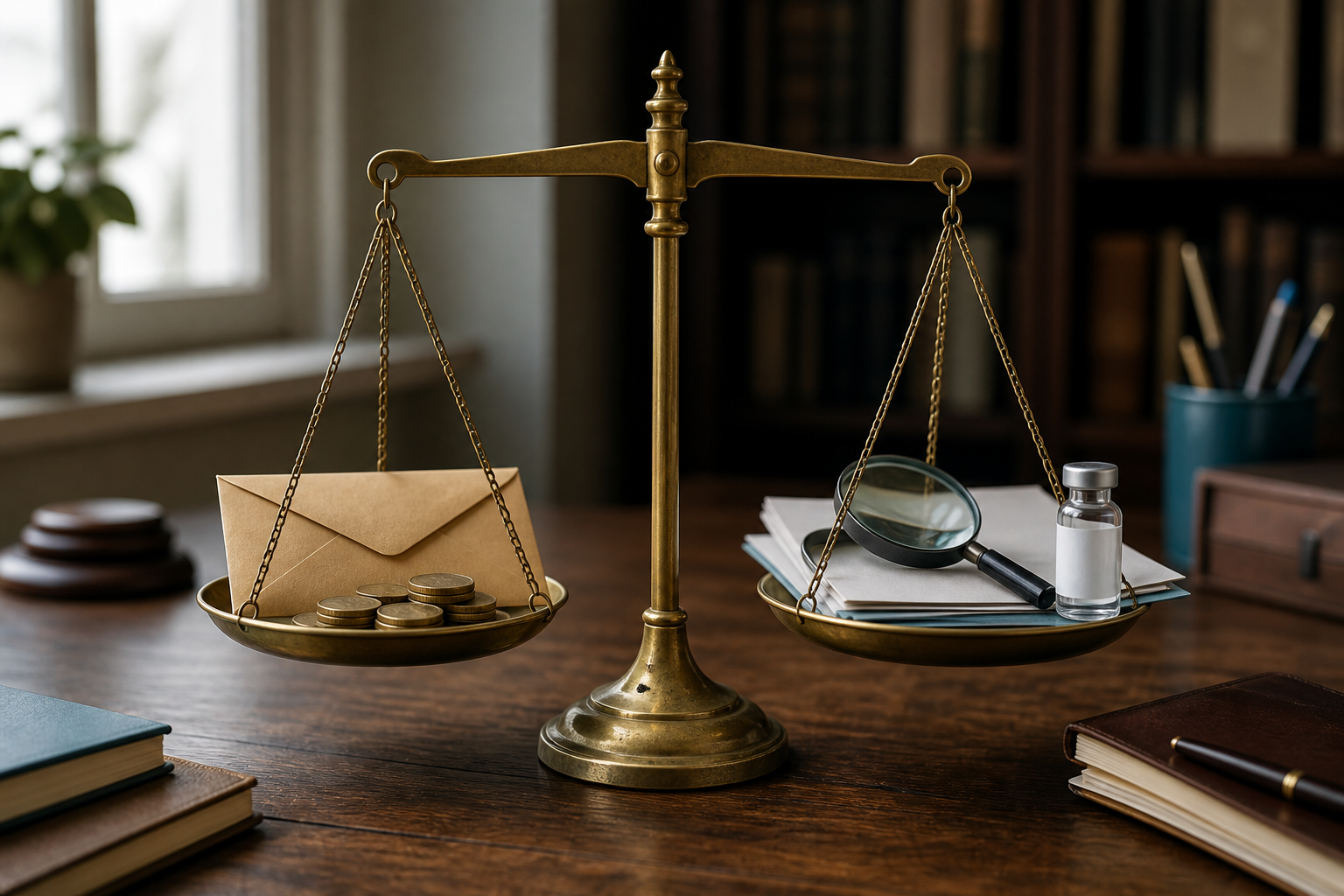 A nearly balanced brass scale holds a grant envelope and coins on one side and evidence documents, a magnifying glass, and an unbranded vaccine vial on the other.