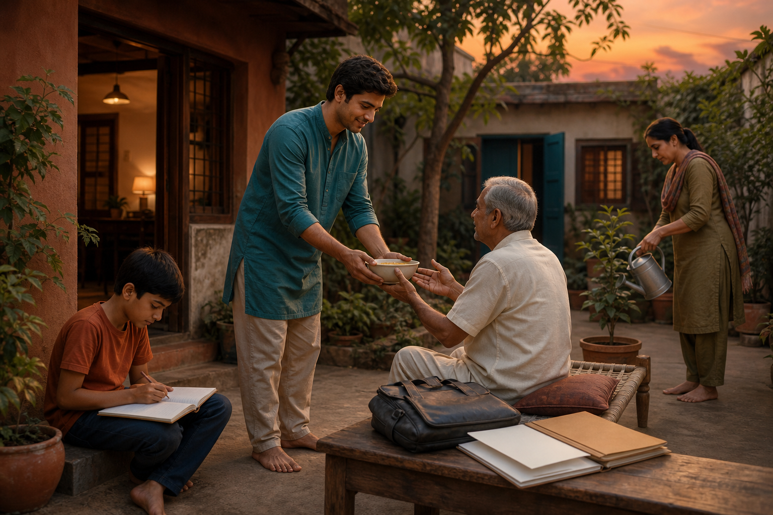An adult serves food to an older relative in a courtyard while a child studies and another person waters a plant.