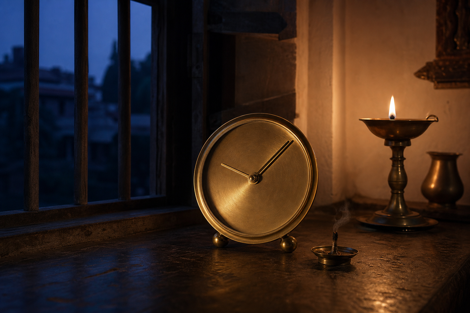 A numeral-free brass clock and two oil-lamp wicks sit between cool moonless twilight and warm evening light, symbolizing a change in tithi.