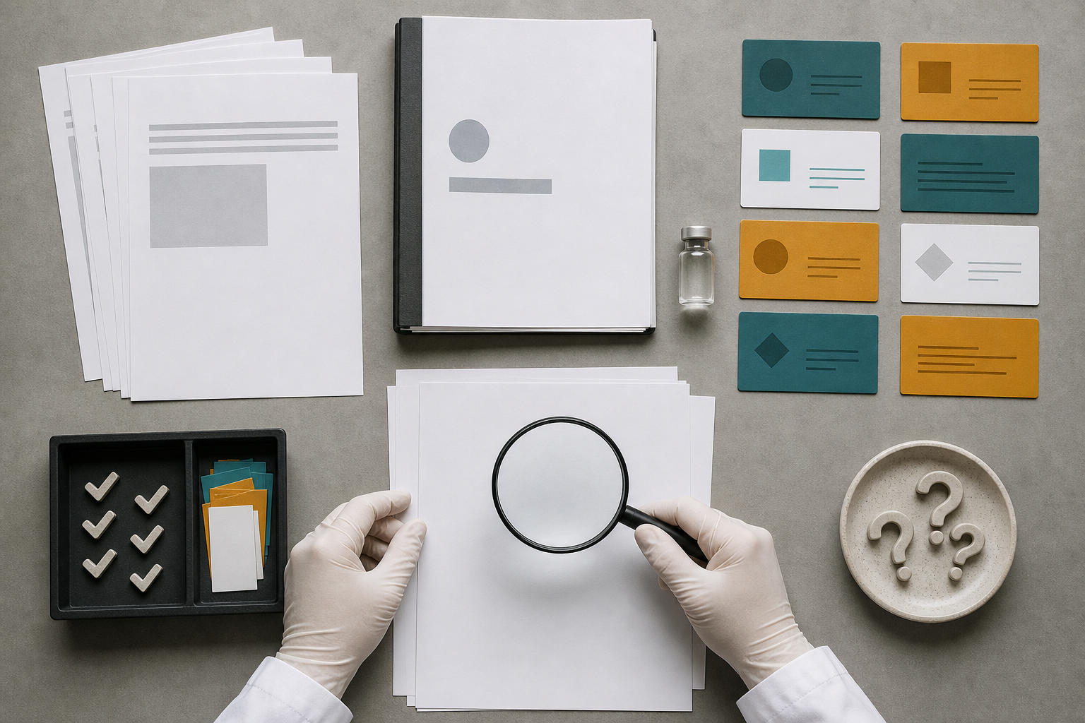 Gloved hands compare blank article pages, research documents, evidence cards, and an unbranded vaccine vial on an organized audit table.