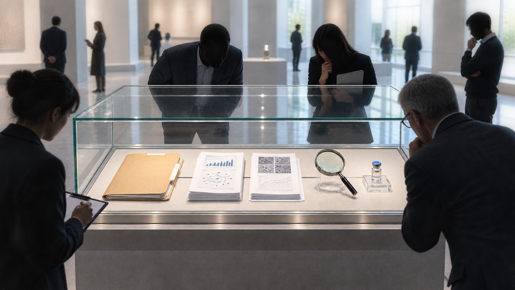 Several silhouetted reviewers inspect a transparent case containing a grant folder, source papers, magnifying glass, and unbranded vaccine vial.