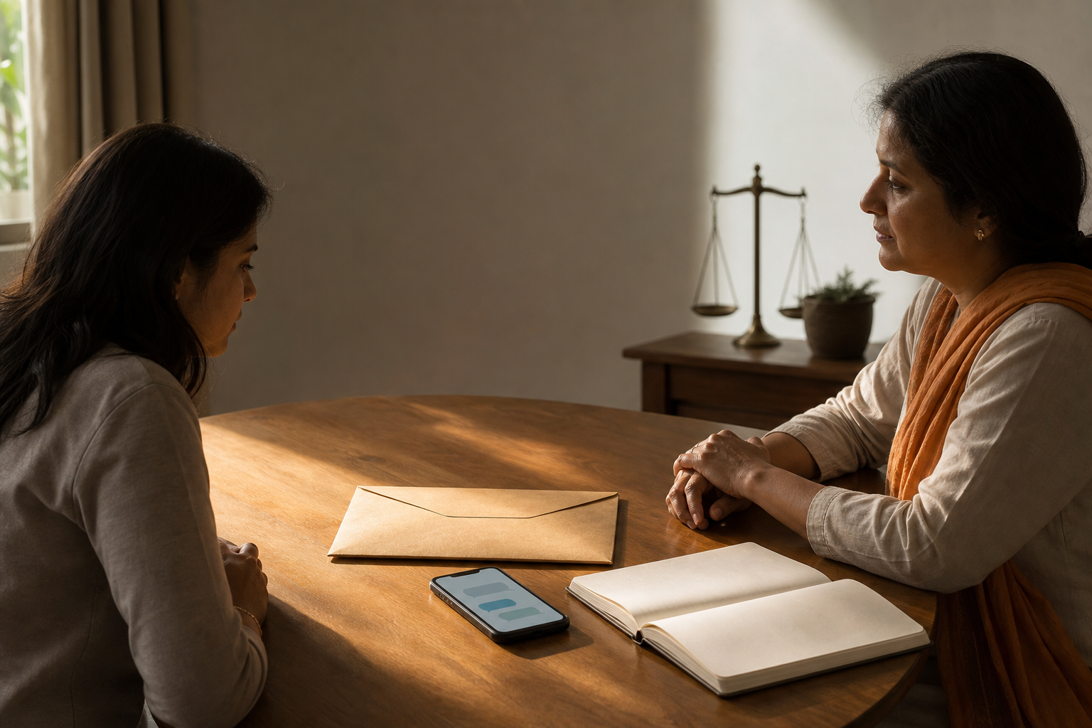 Two people sit together at a table beside a phone, sealed evidence envelope, blank notebook, and balance scale in a softly lit room.