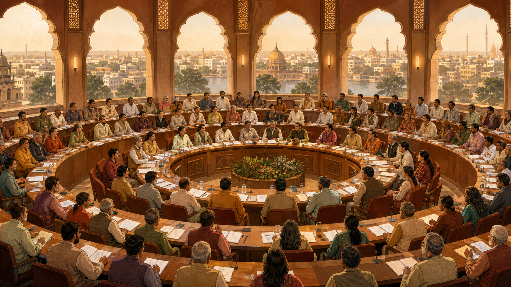 Editorial illustration of fictional delegates holding an organised deliberation around a circular table in a large Indian civic hall.