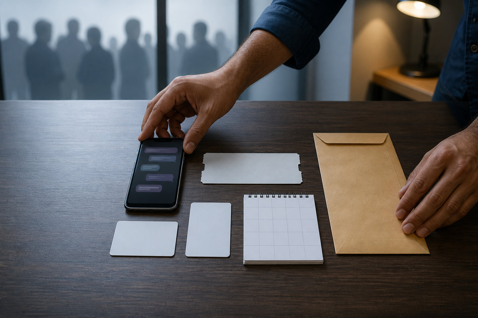 Hands organize a phone, blank cards, an unmarked ticket, a calendar, and a sealed envelope as separate pieces of evidence.