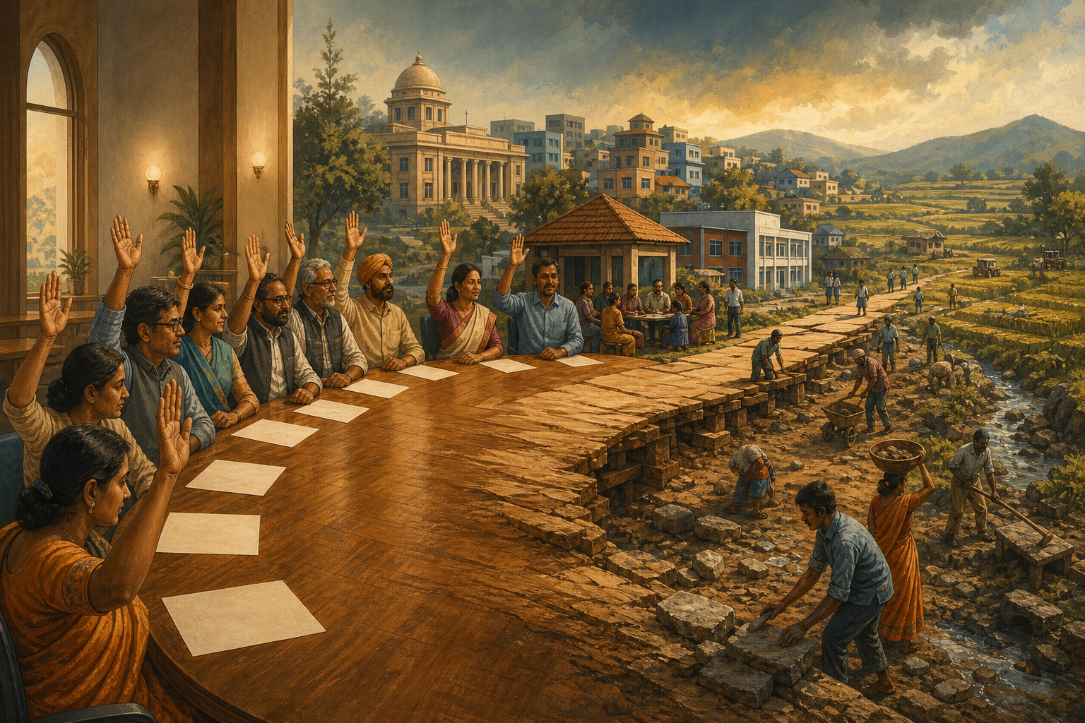 Illustration of participants agreeing around a meeting table that extends into an unfinished path through civic and community settings.