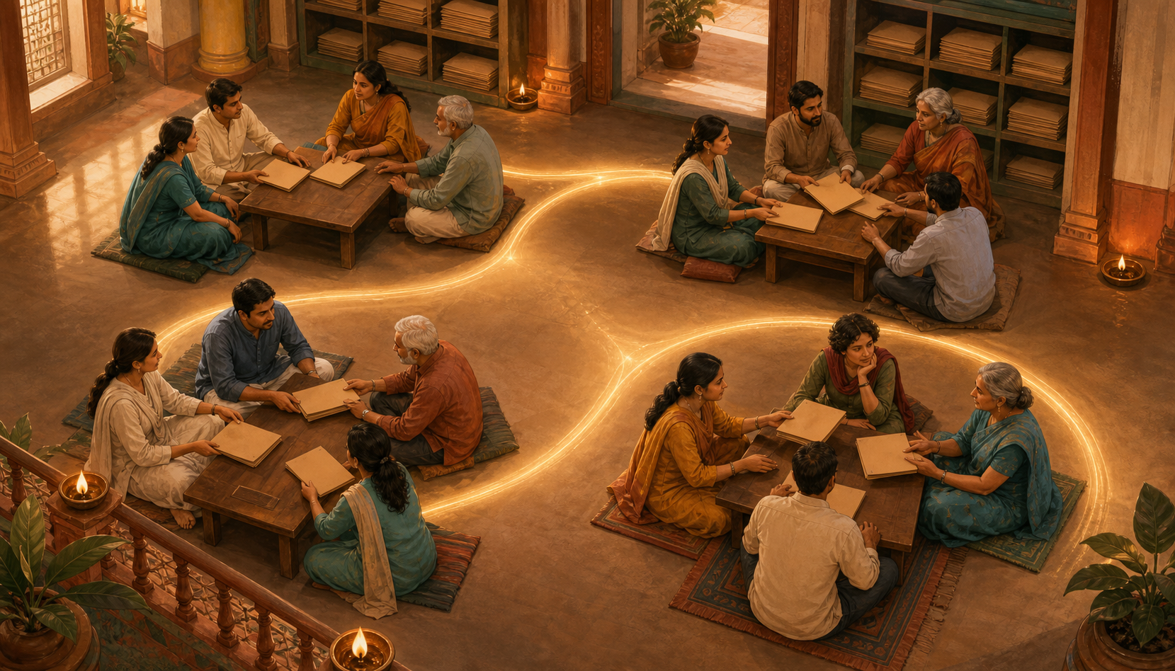 Illustration of several groups of fictional organisers exchanging folders and coordinating around tables in an Indian community hall.