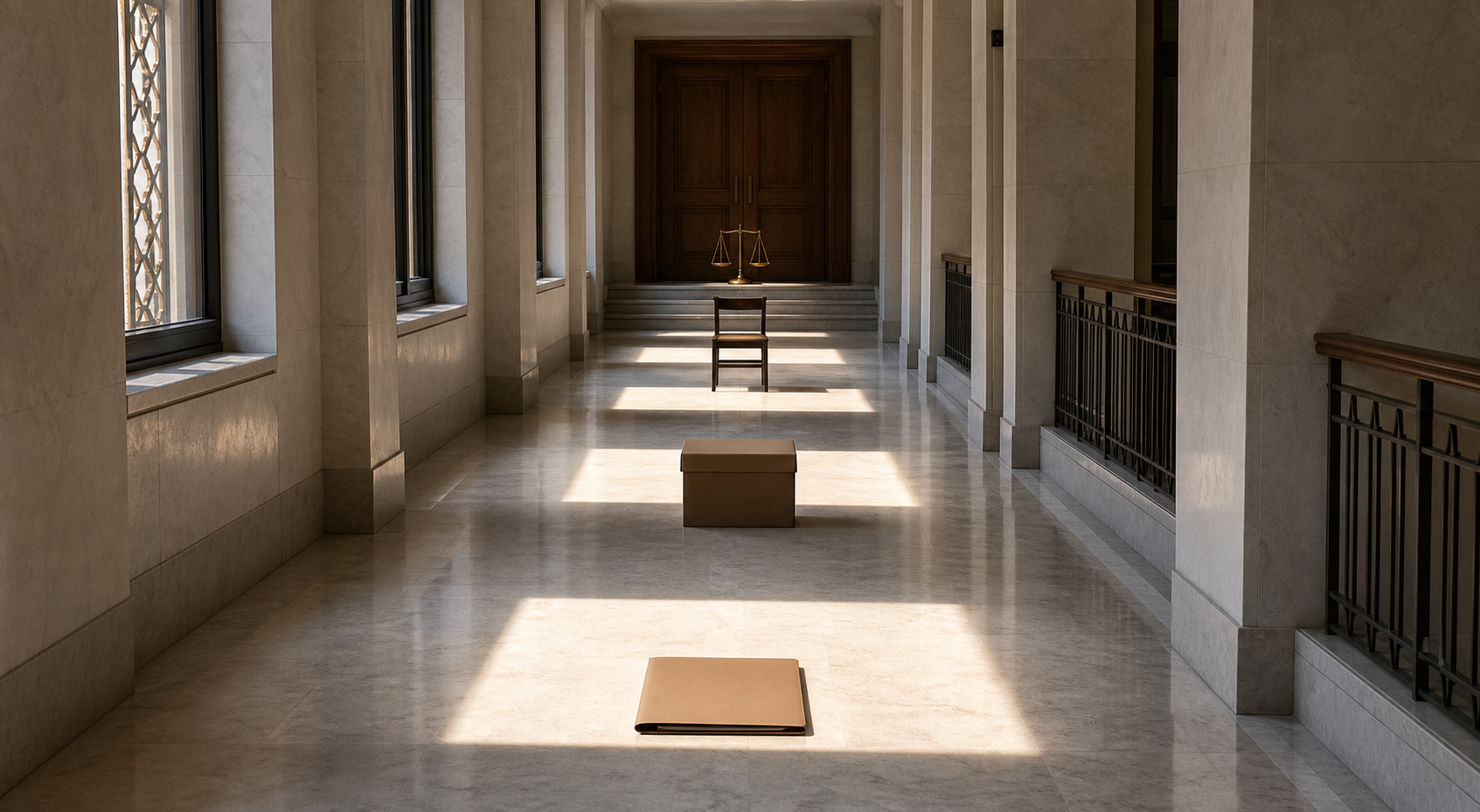 A sealed folder, evidence box, empty chair, and balance scale appear in sequence along a courthouse corridor.
