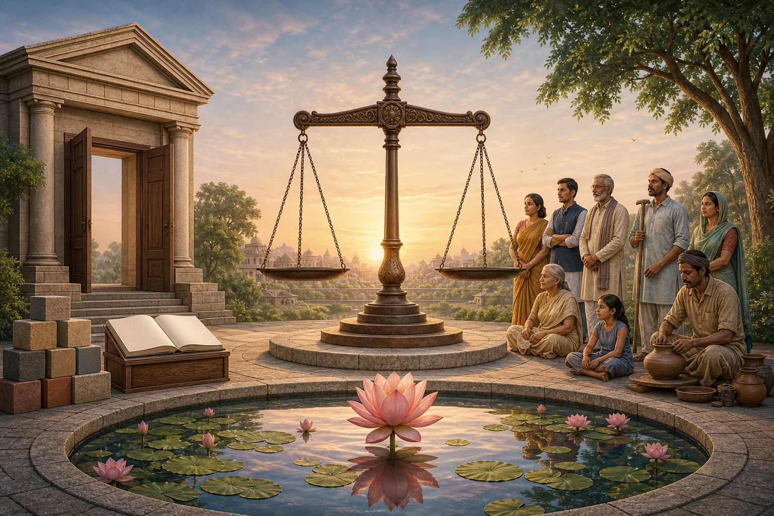 Allegorical illustration of a balanced scale surrounded by civic institutions, an unmarked ledger, building blocks, and a diverse group of citizens.