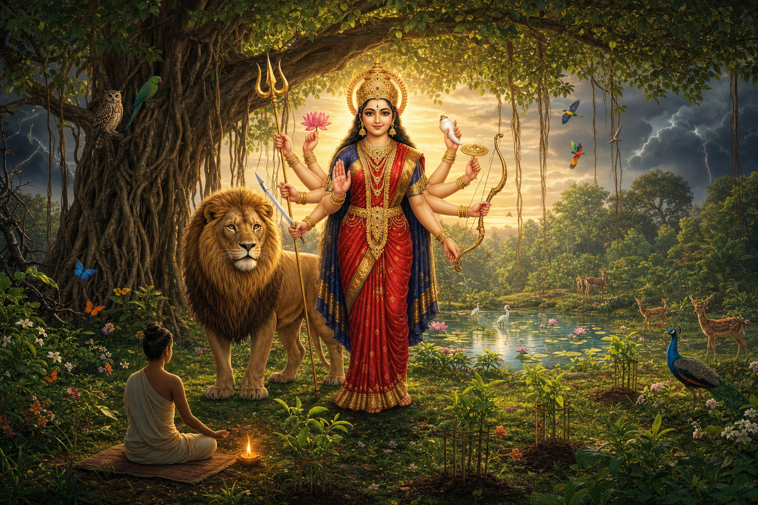 Goddess Durga stands with a lion beneath a banyan tree in a flourishing grove beside a pond, while a person meditates near an oil lamp.