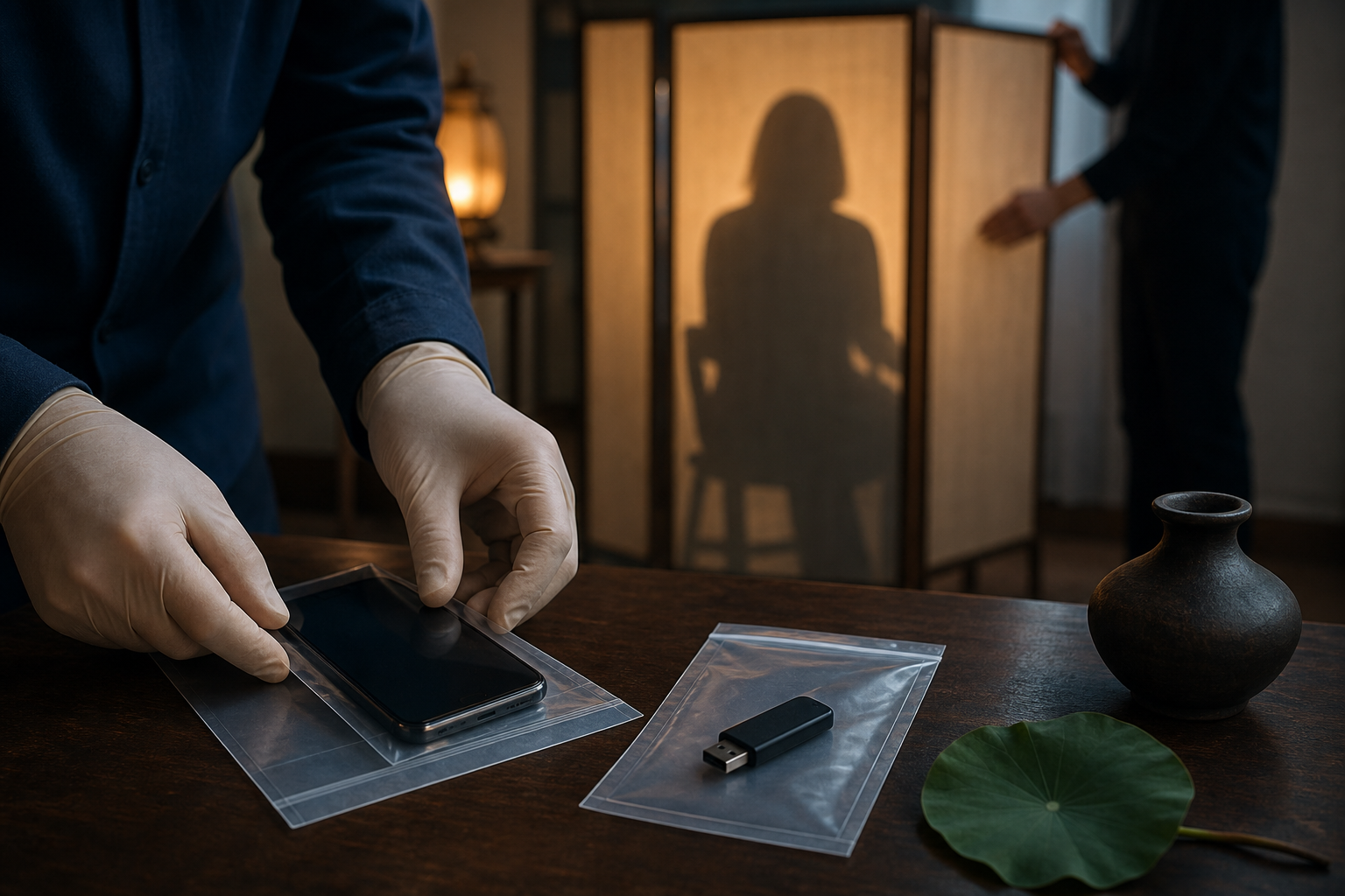 Hands secure a phone and memory device in archival sleeves while a privacy screen shields a seated person in the background.
