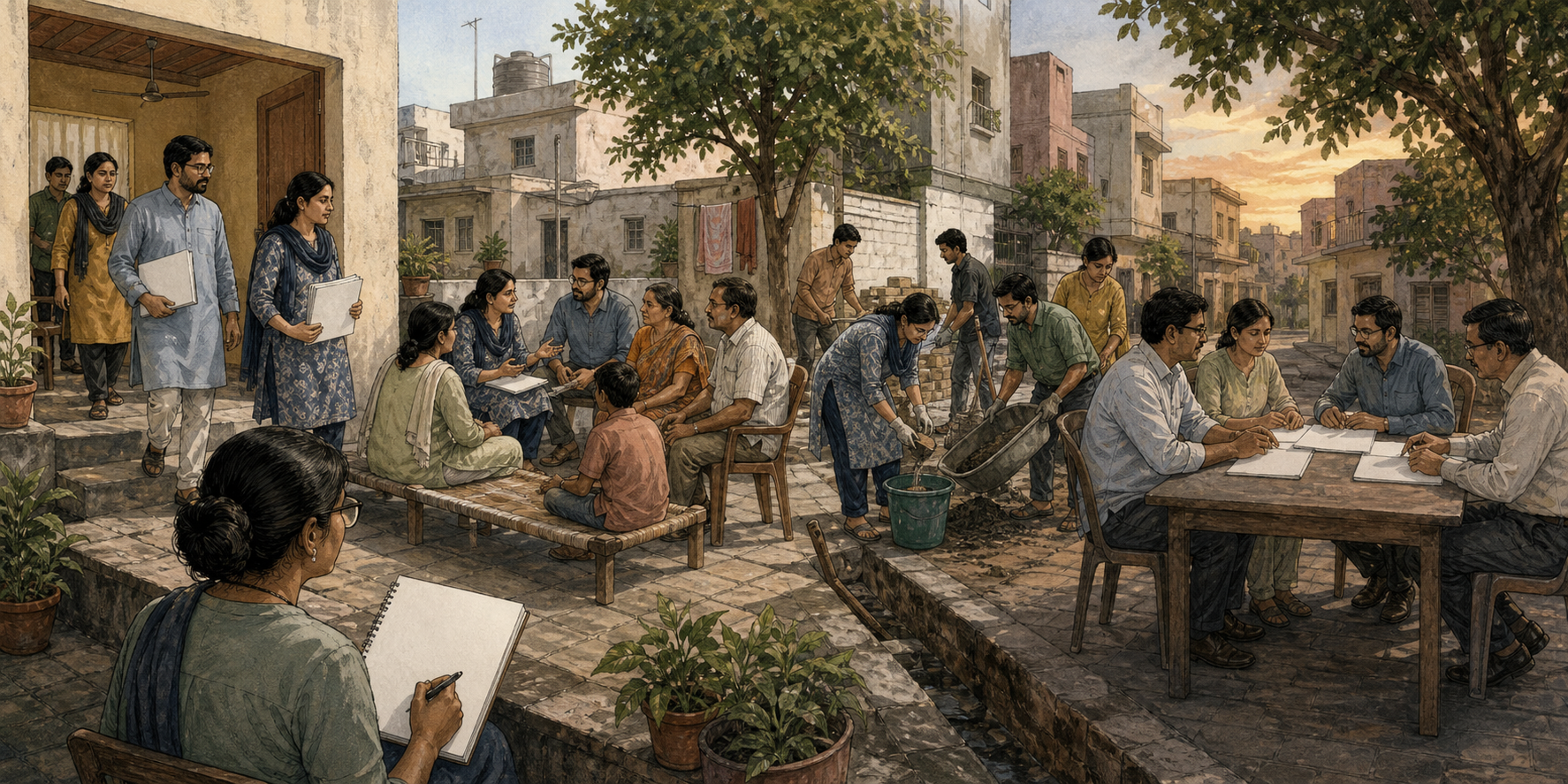 Panoramic illustration of fictional organisers moving from a meeting hall to resident consultations, community service, and document review.