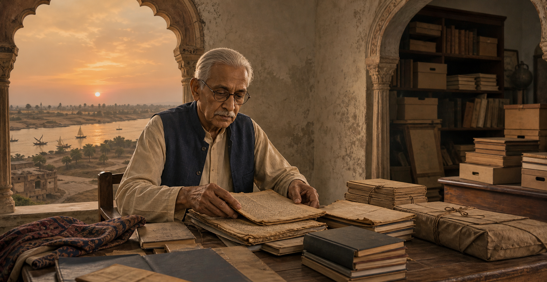 An elderly Sindhi scholar organizes manuscripts and books at a desk between views of the Indus landscape and a diaspora archive.