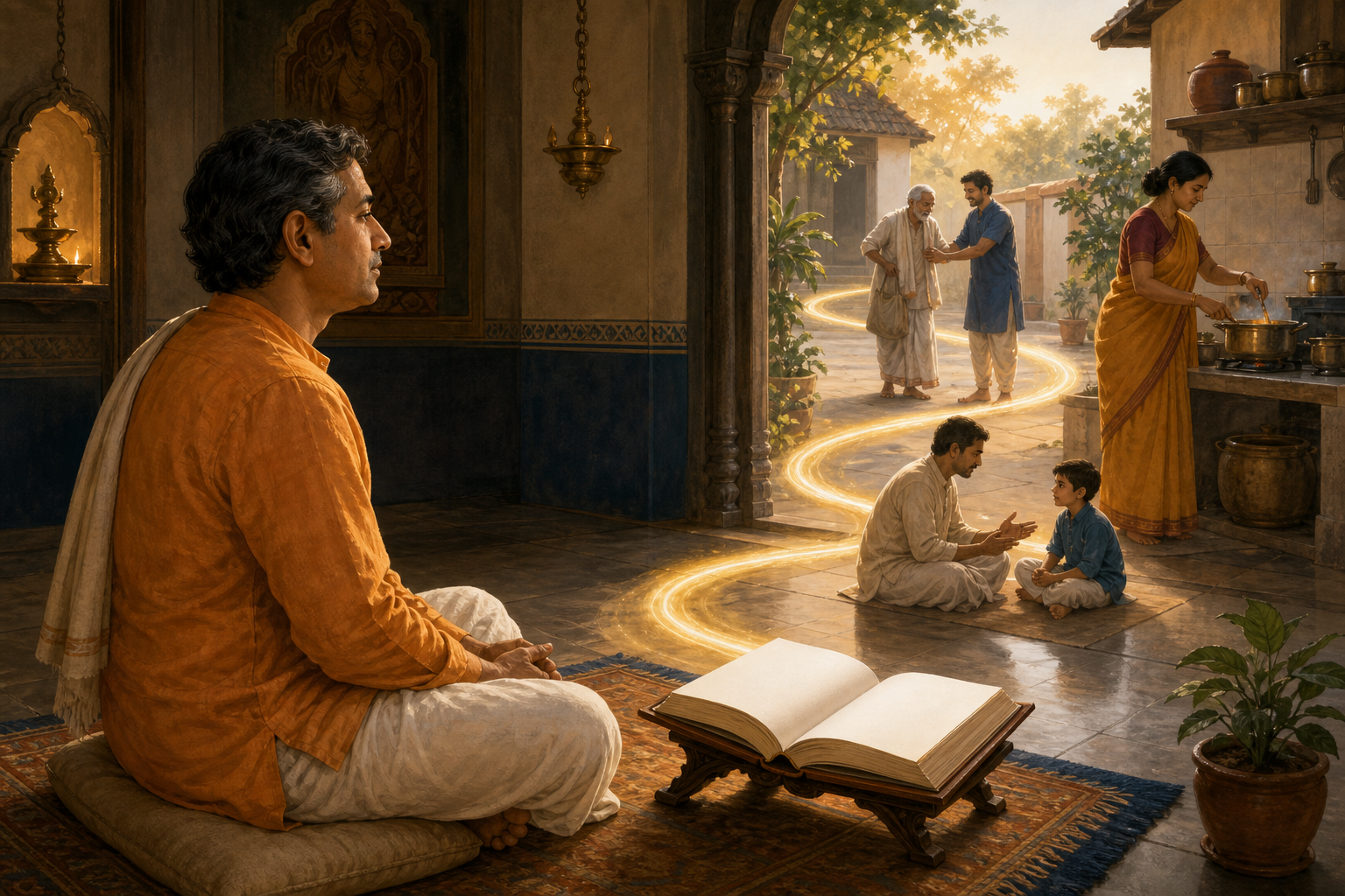 A householder listens beside an open sacred book at dawn as a glowing path leads into scenes of calm family life, cooking, and service.