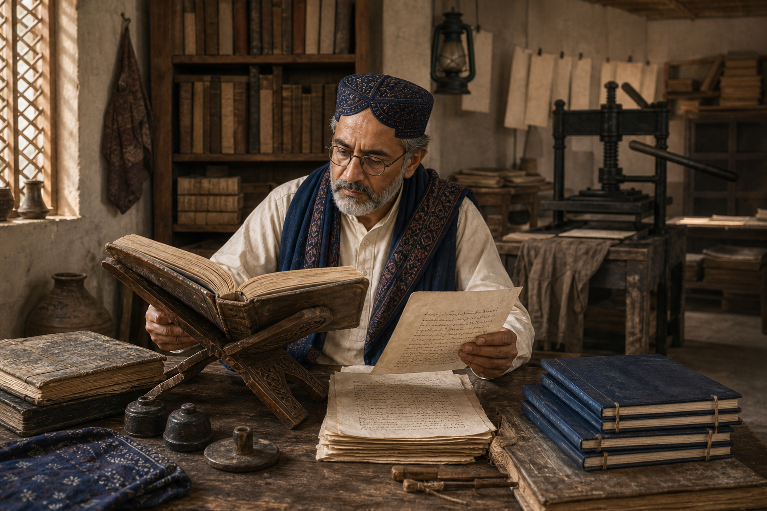 A scholar works between an old manuscript, translated pages and a hand-operated printing press in a book-lined study.