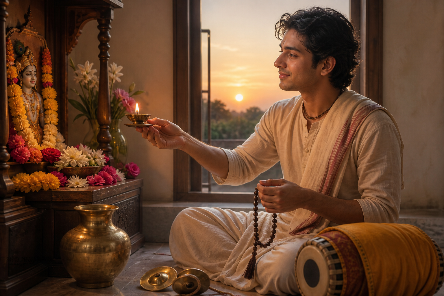 A devotee offers an oil lamp at a home shrine while holding prayer beads, with flowers, cymbals, and a drum nearby.