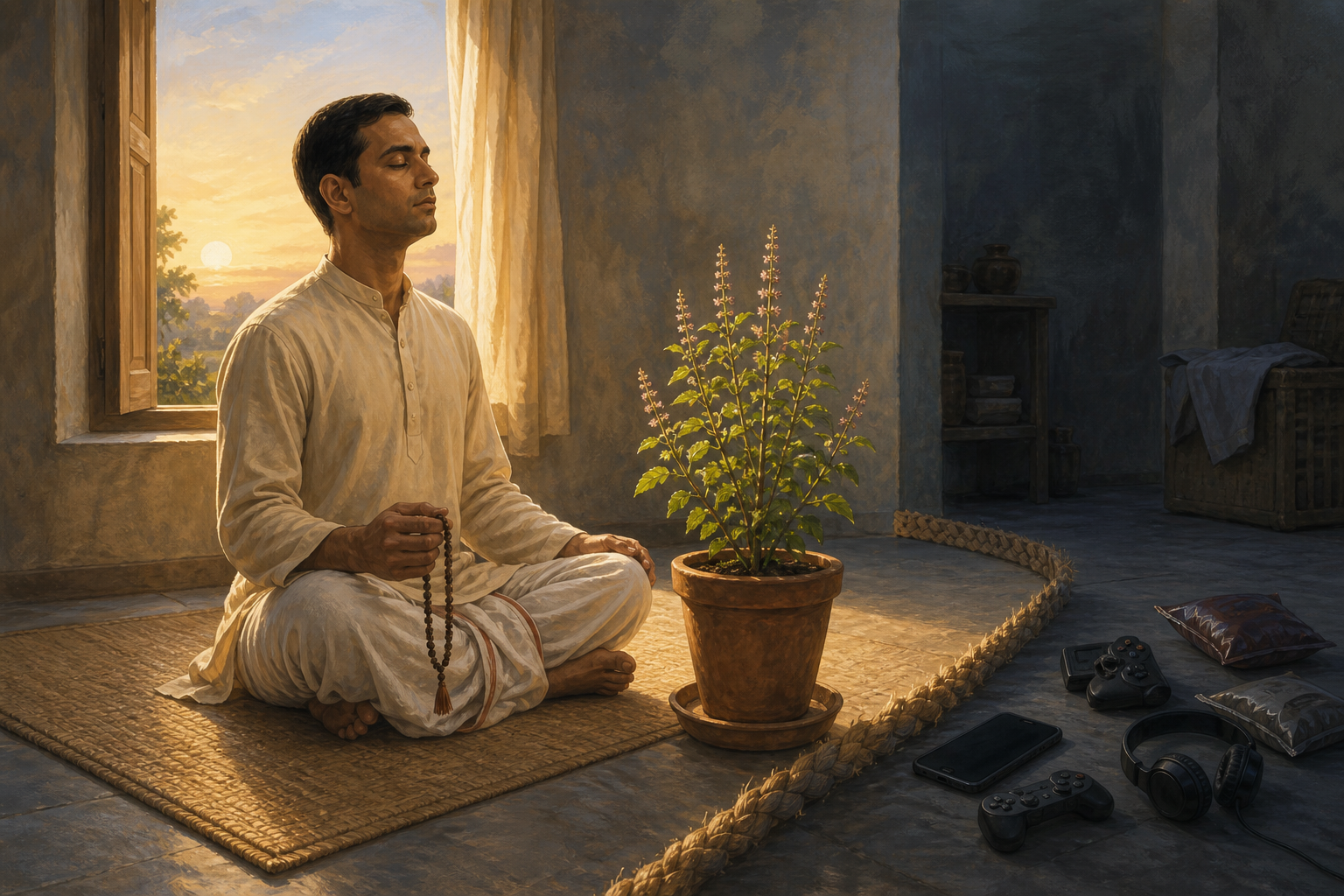 A devotee meditates with prayer beads beside a tulasi plant while a phone and other distractions remain outside the quiet practice space.