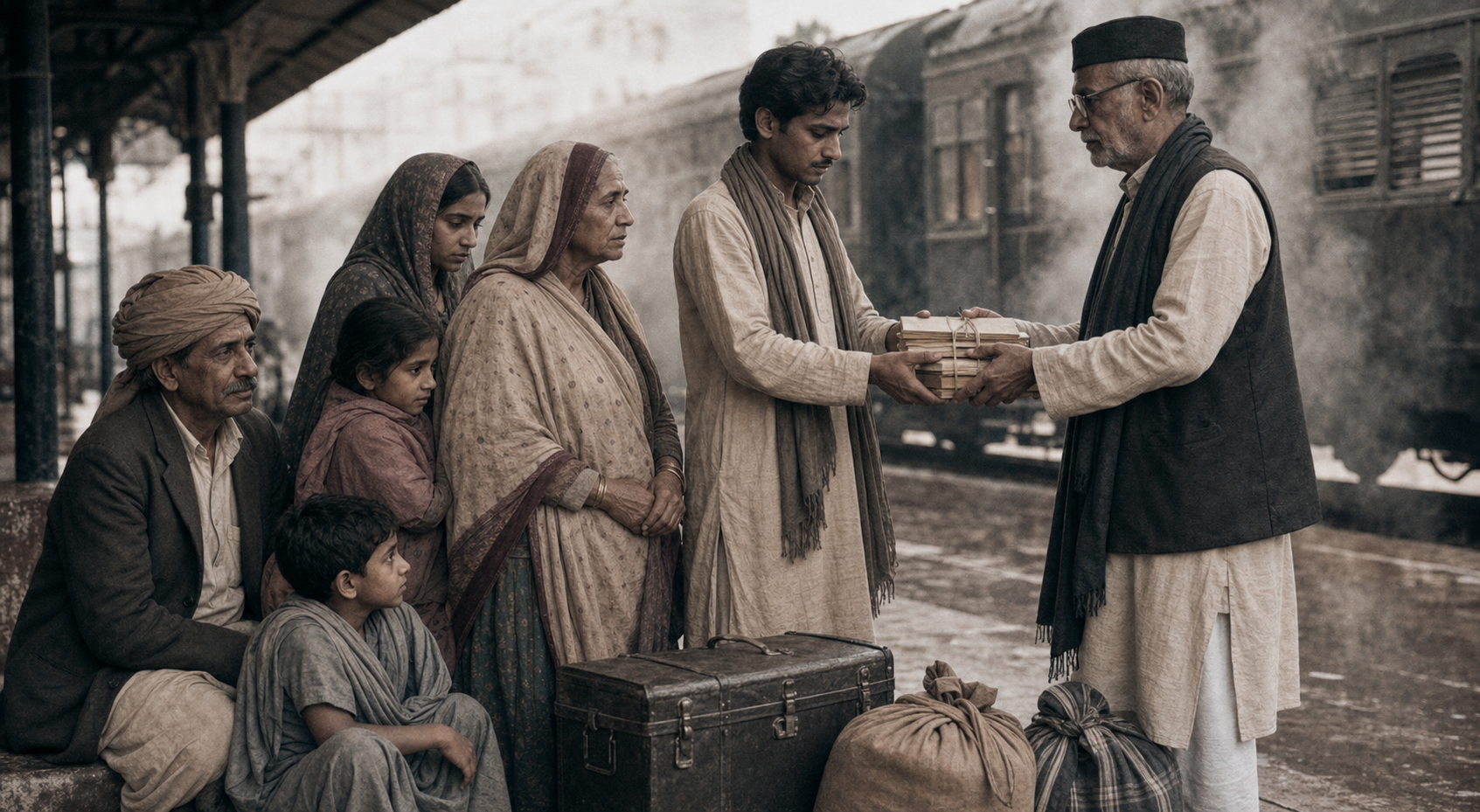 A displaced Sindhi Hindu family on a railway platform receives a wrapped bundle of documents and books from an older community worker.