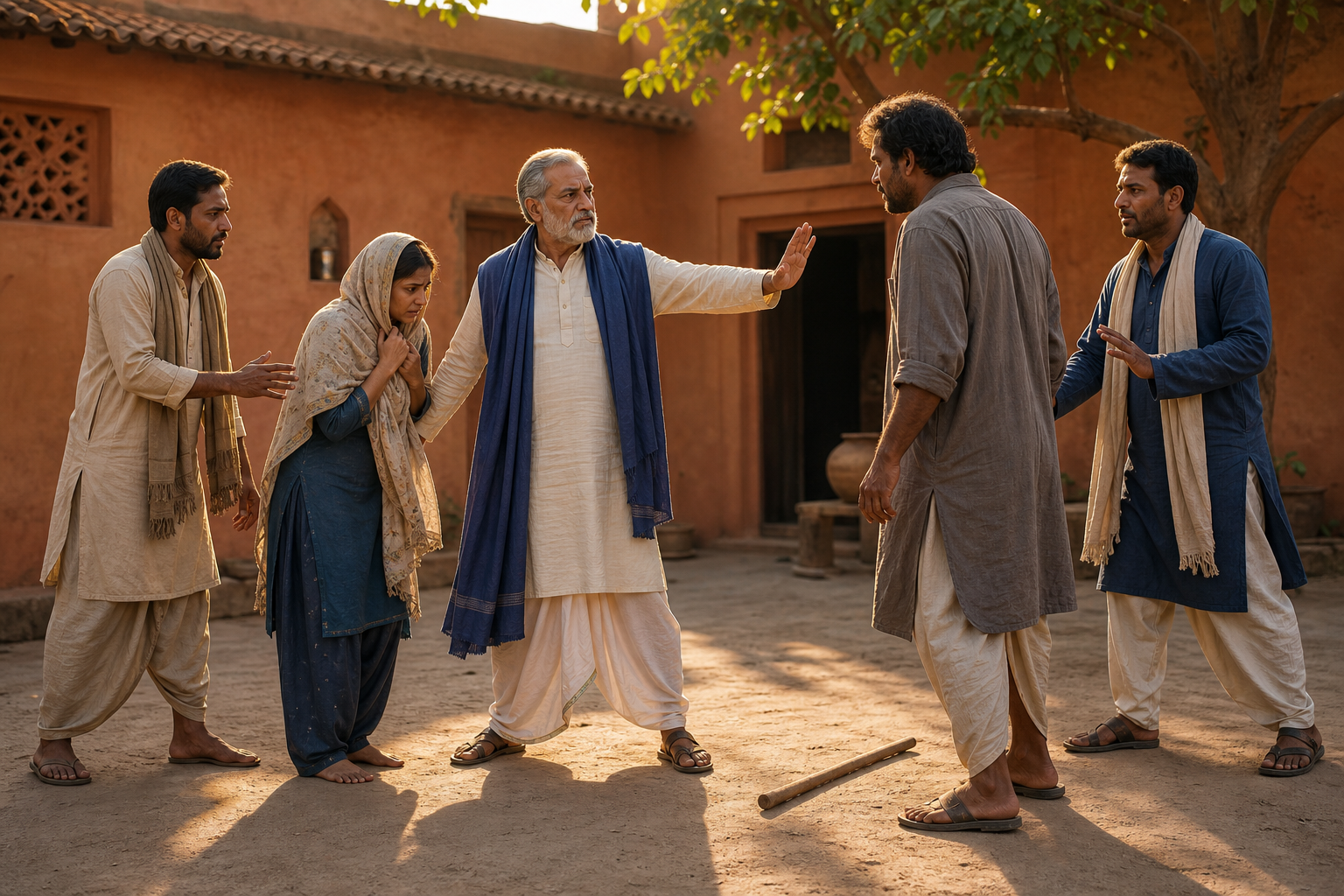 A calm village elder protects a vulnerable person by stopping an aggressive man as other community members come forward to help.