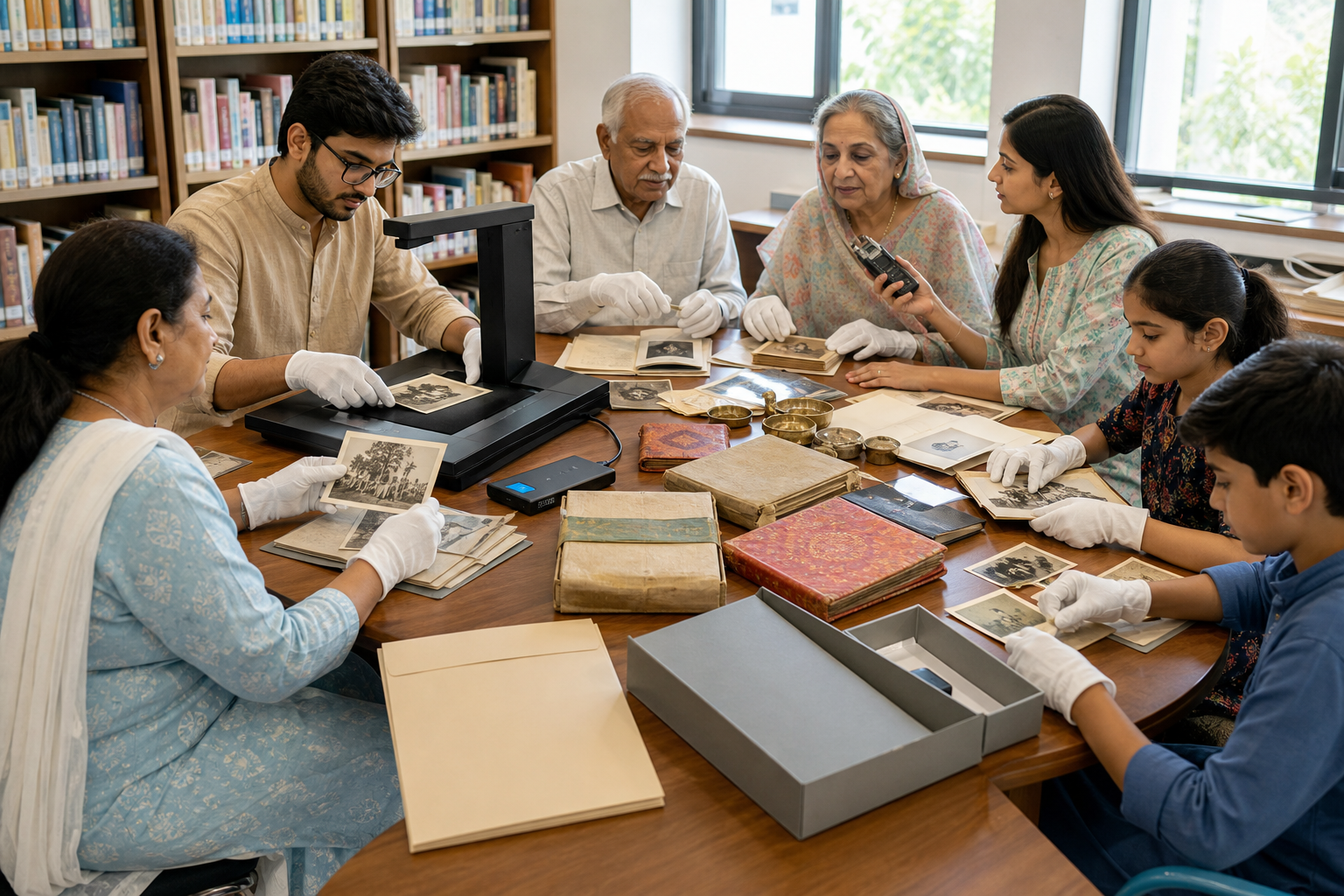 Several generations sort photographs, notebooks and heirlooms while scanning an image and recording an elder's oral history.