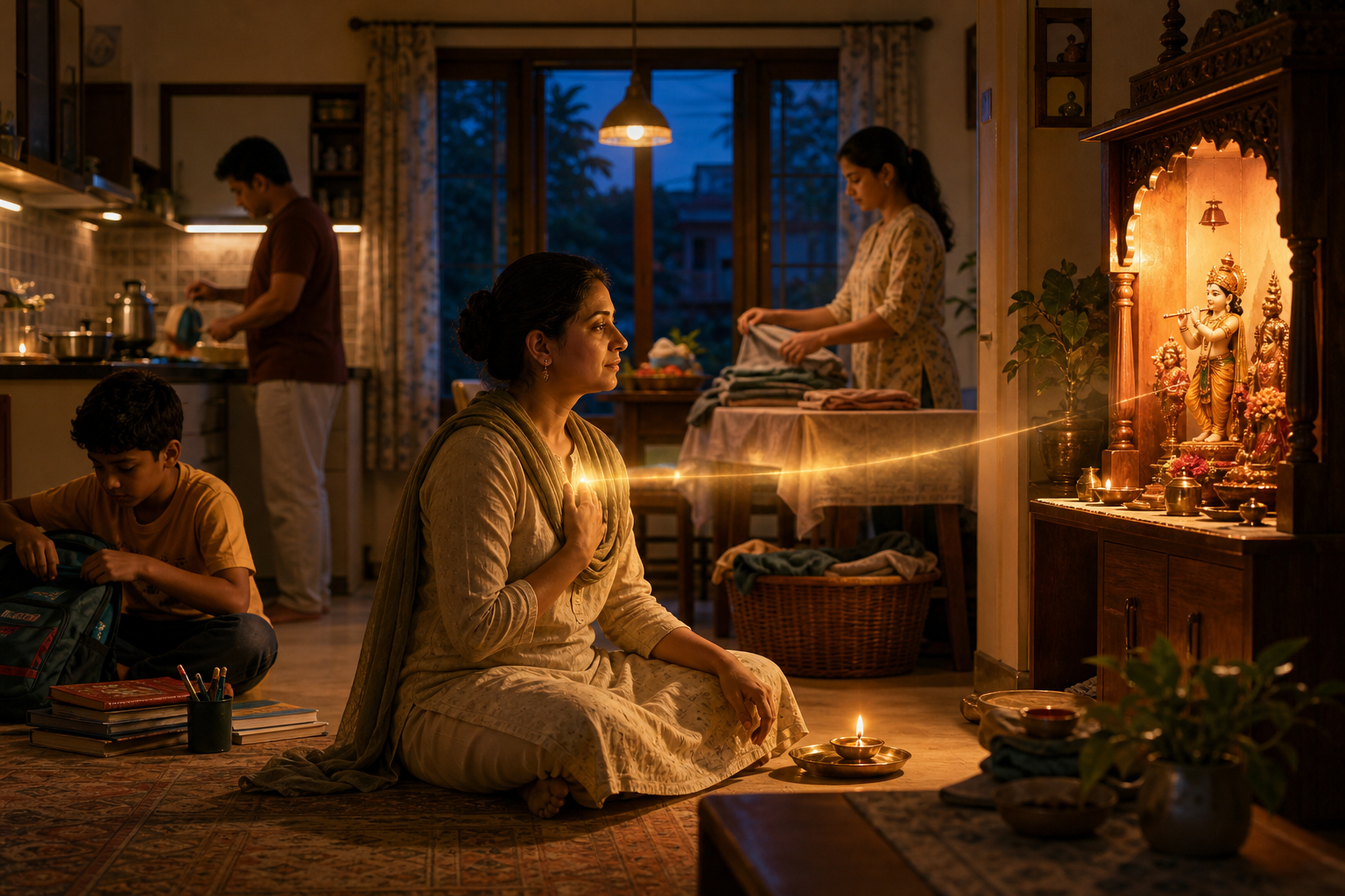 A householder pauses amid cooking, laundry, and family activities to look toward a softly lit prayer alcove.