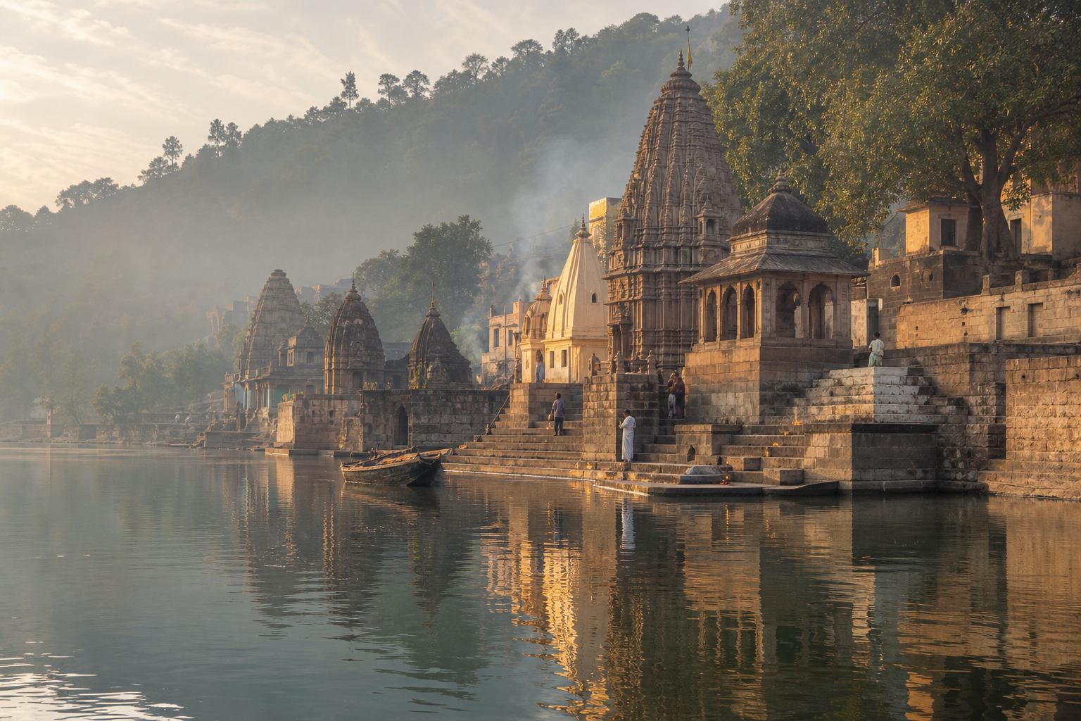 Temple spires and stone ghats beside the Narmada River at dawn, with pilgrims and a small boat near the water.